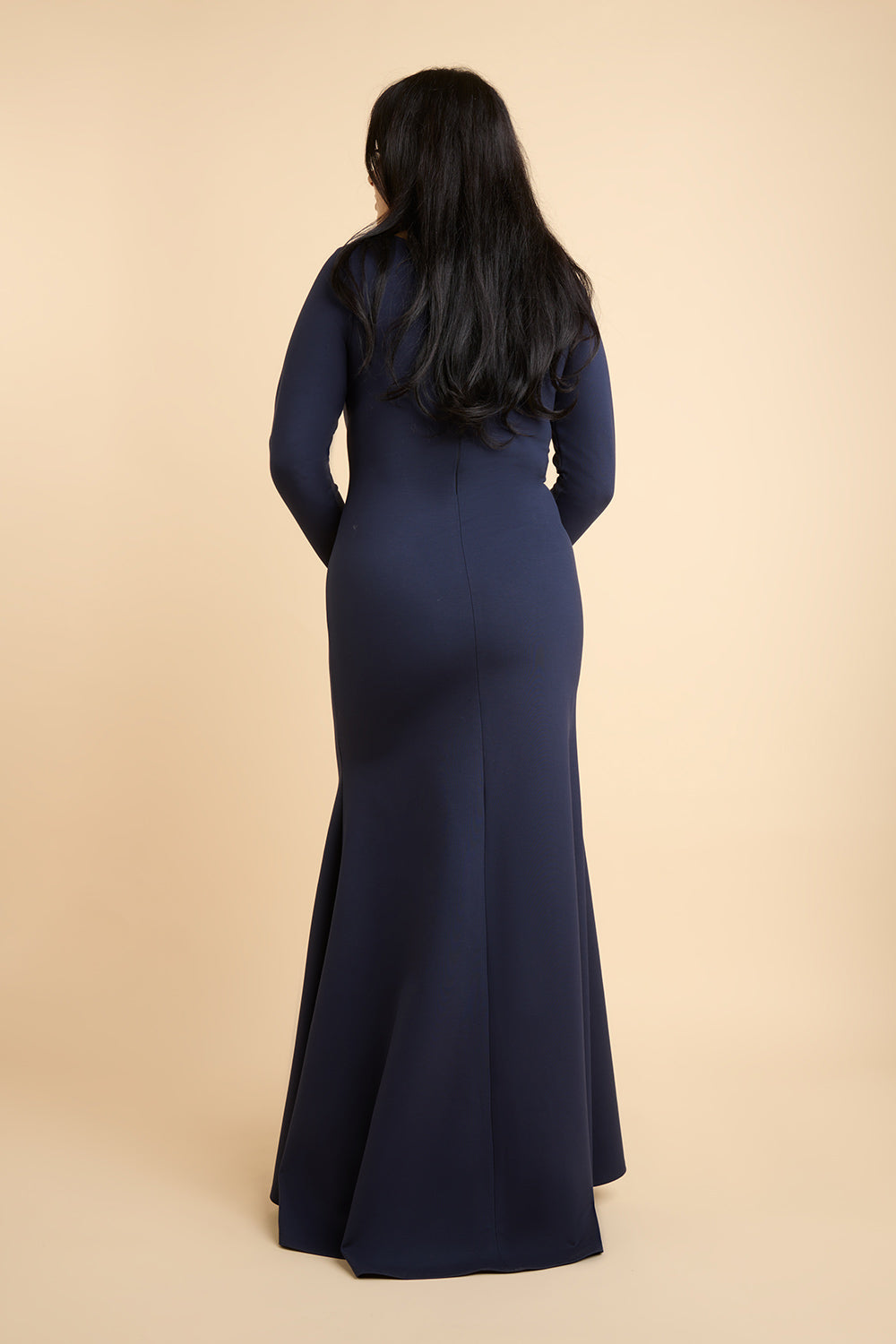 Sophya Navy Long Sleeved Mermaid Maxi Dress | La petite garçonne on model back