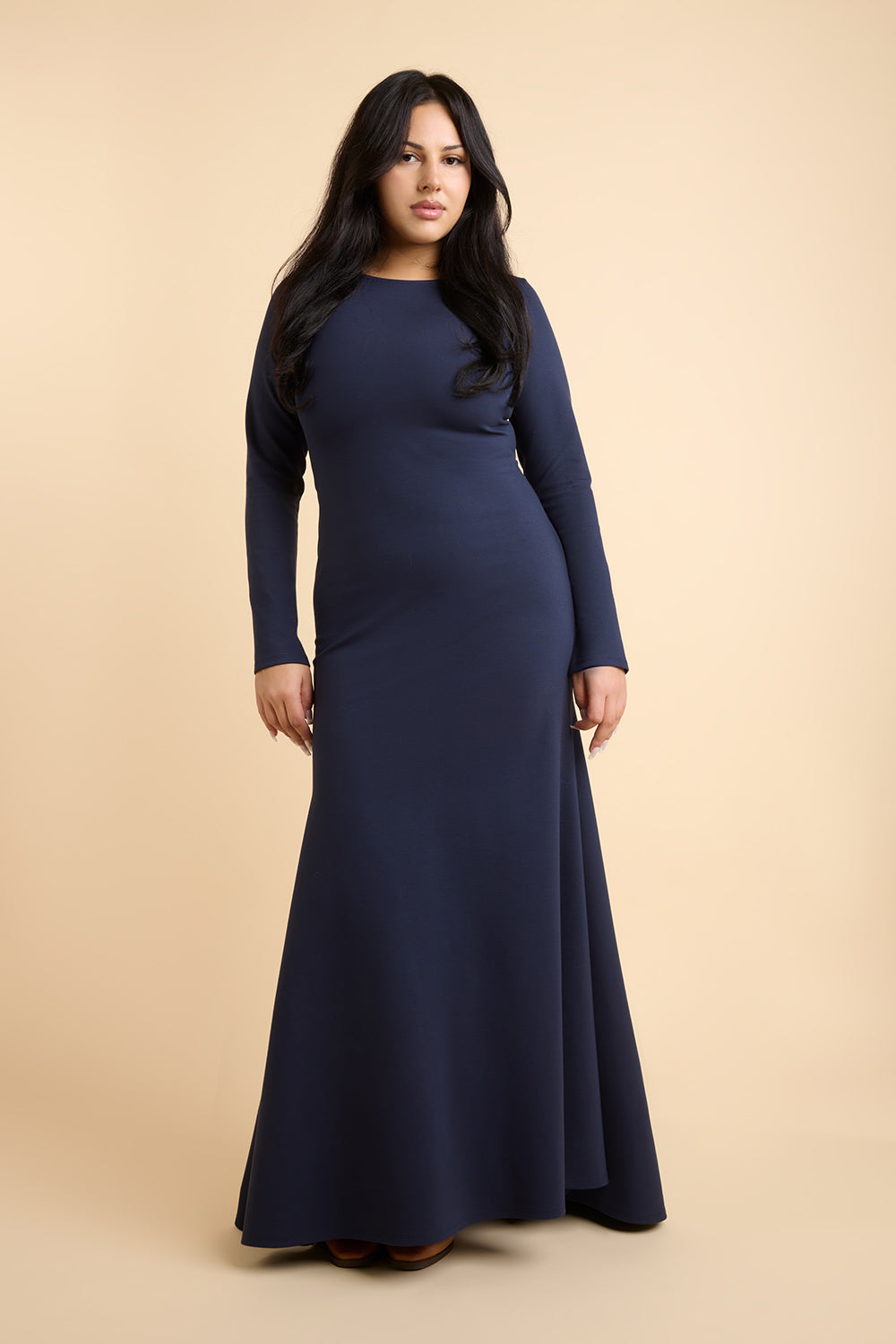 Sophya Navy Long Sleeved Mermaid Maxi Dress | La petite garçonne on model