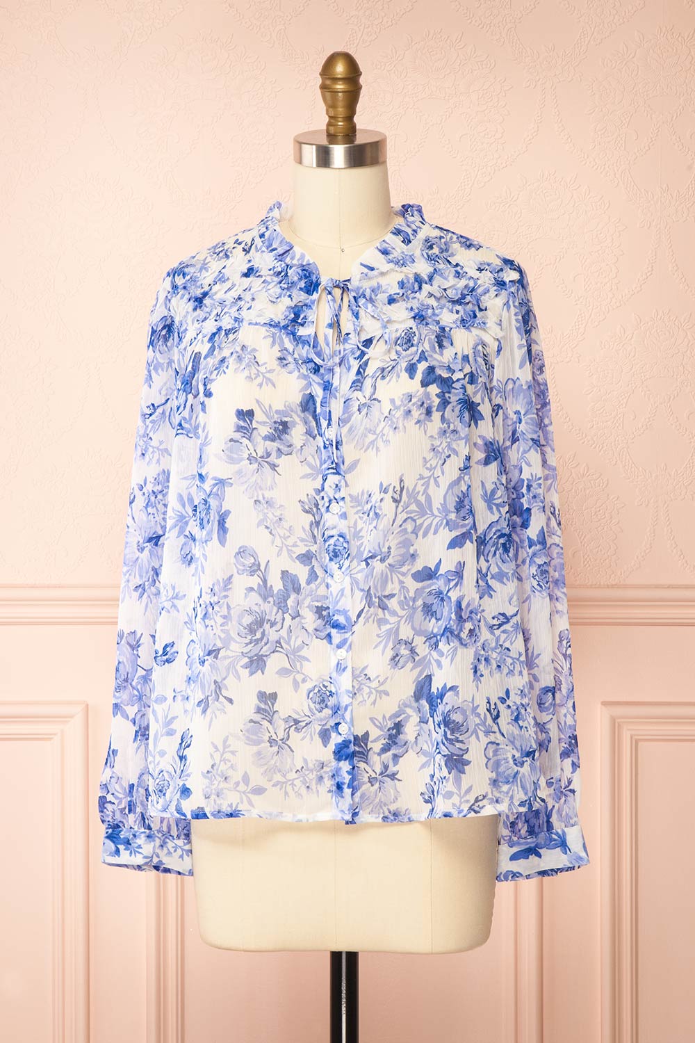 Soranna Blue Floral Chiffon Blouse with Front Tie | Boutique 1861 front view