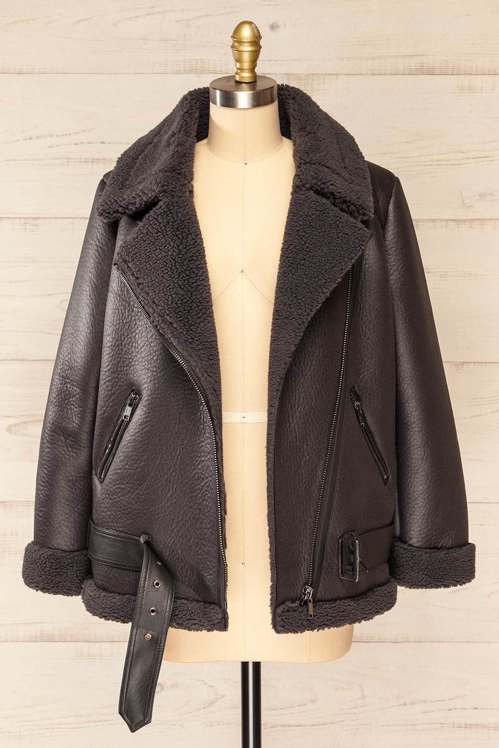 Sorong Grey Faux Leather Coat w/ Sherpa Lining | La petite garçonne open