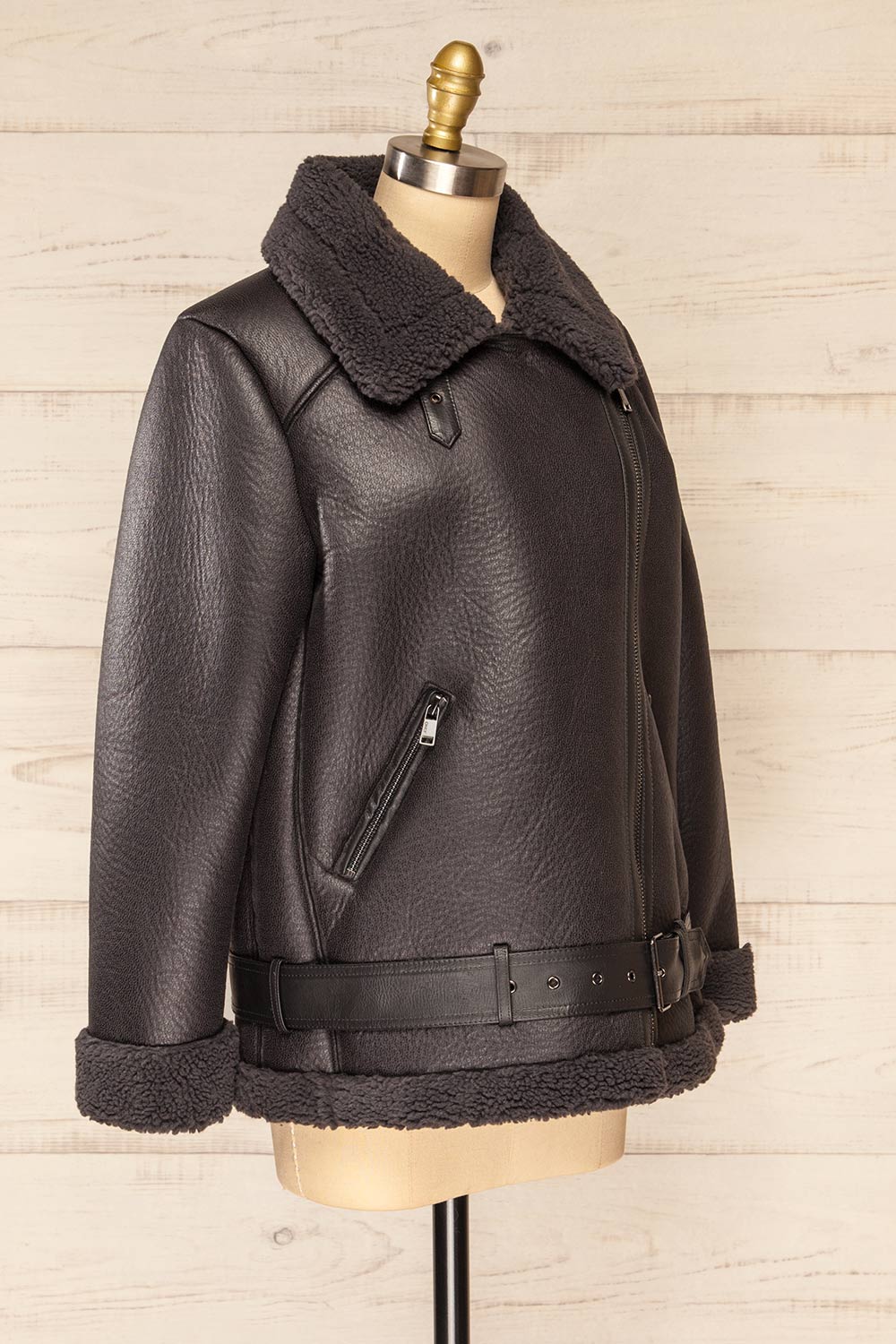Sorong Grey Faux Leather Coat w/ Sherpa Lining | La petite garçonne side view