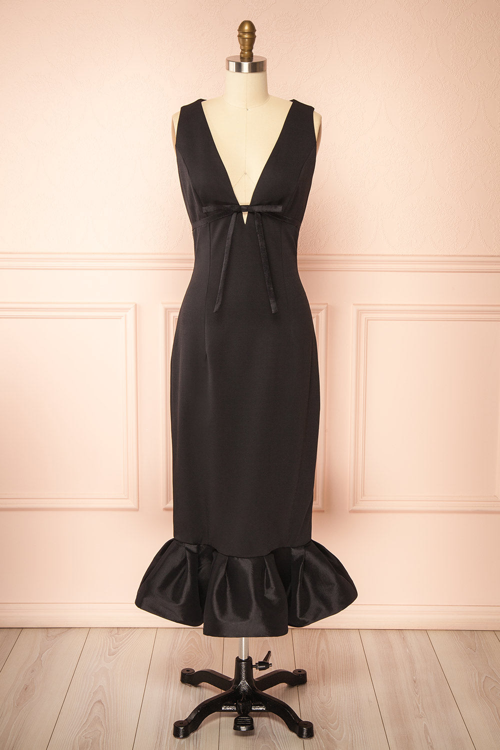 Soukaina Black V Neck Midi Dress with Bow Detail and Ruffle Hem | Boutique 1861 front view