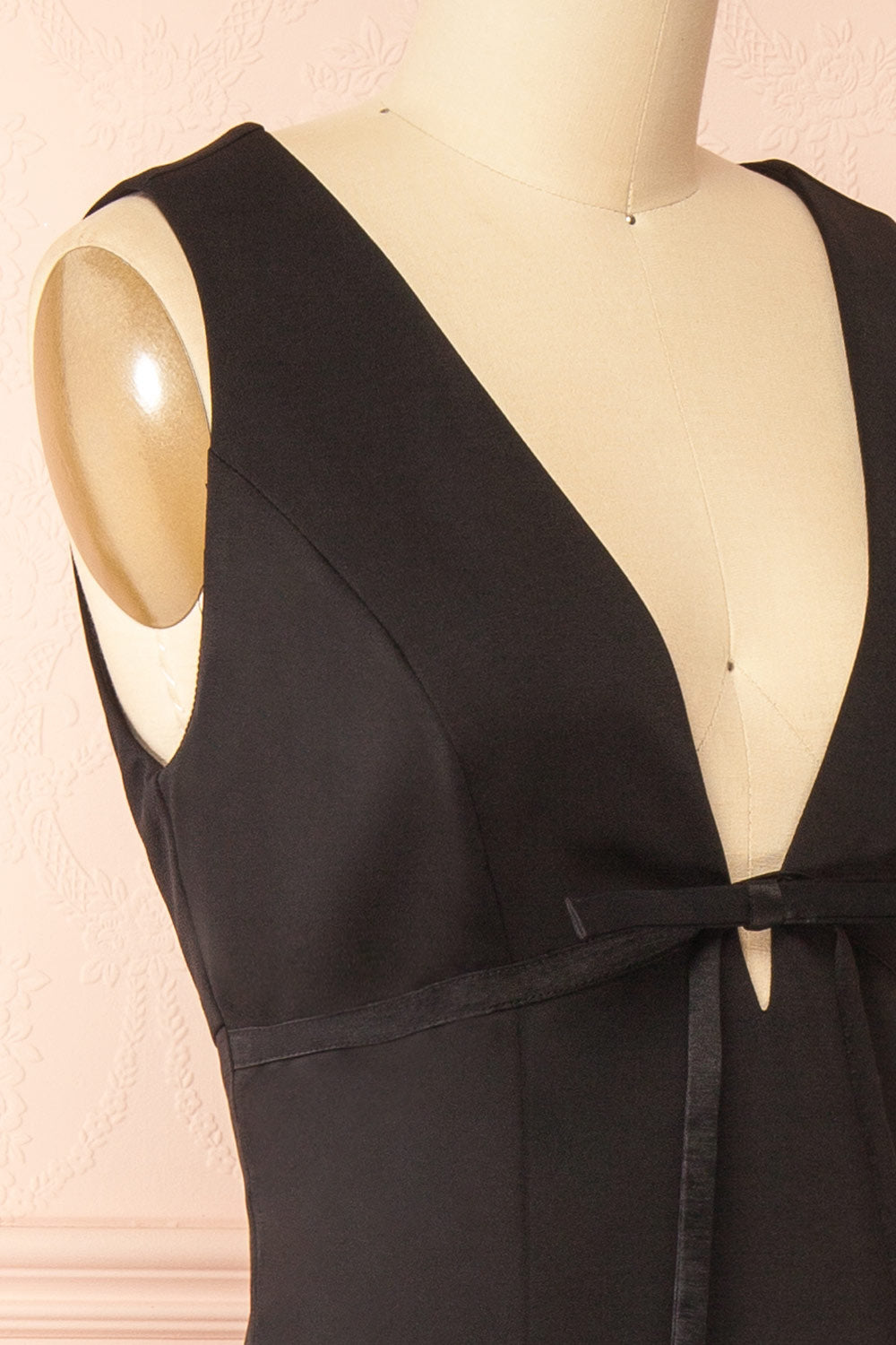 Soukaina Black V Neck Midi Dress with Bow Detail and Ruffle Hem | Boutique 1861 side