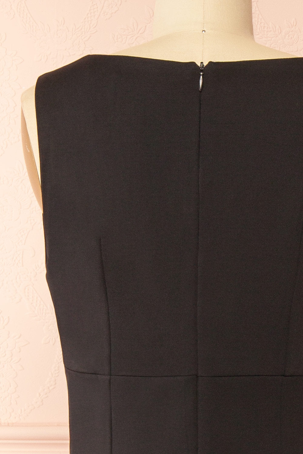 Soukaina Black V Neck Midi Dress with Bow Detail and Ruffle Hem | Boutique 1861 back