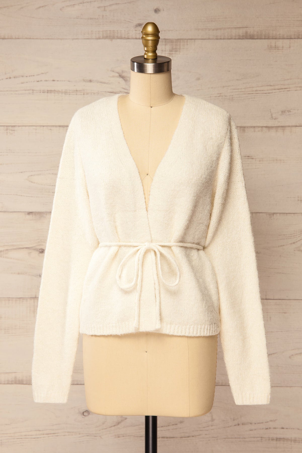 front view of Sovo Ivory Soft Knit Tie-Waist Wrap Cardigan at La petite garçonne