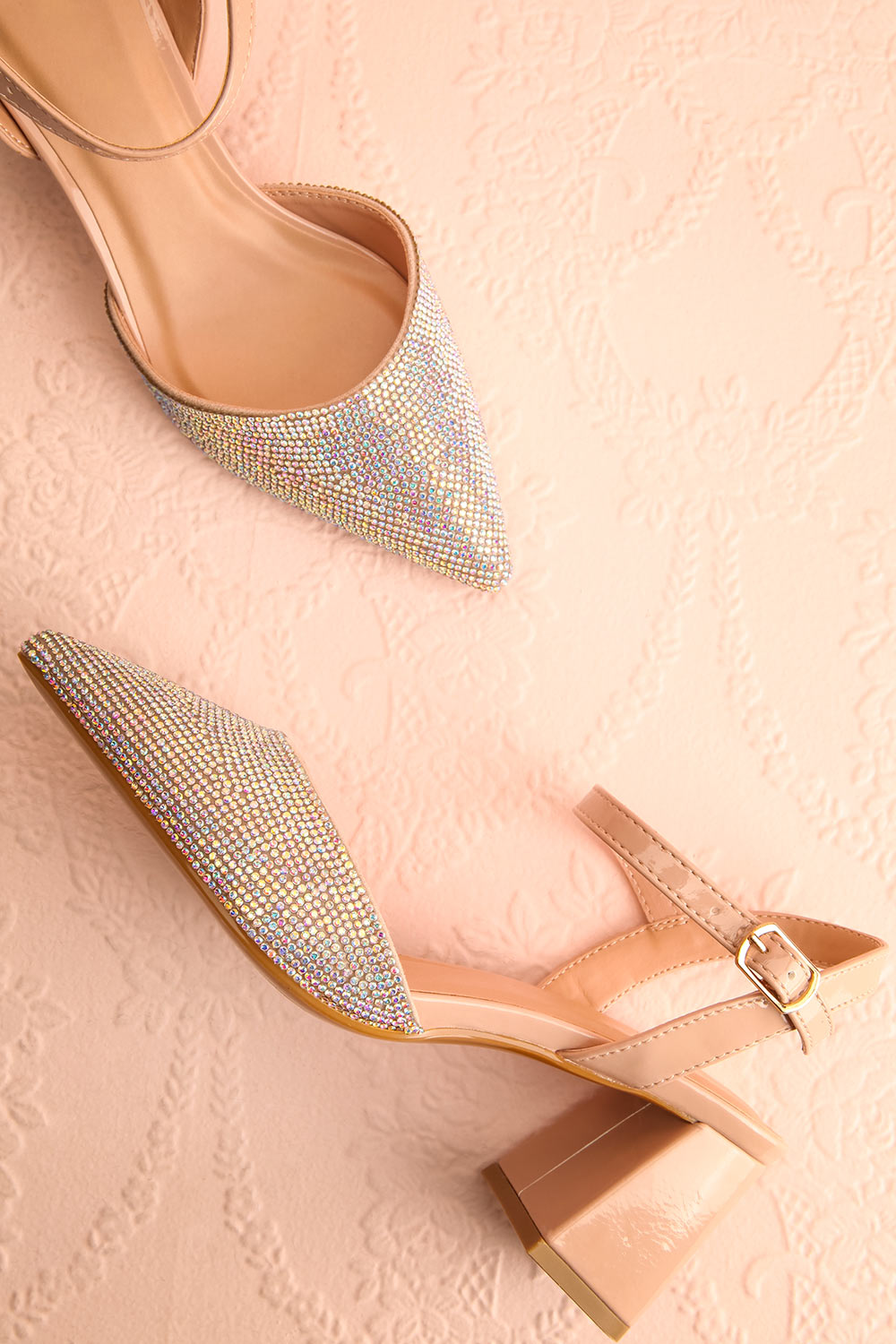 Starlight Beige Pointed Toe Heel w/ Crystals | Boutique 1861 flat lay view
