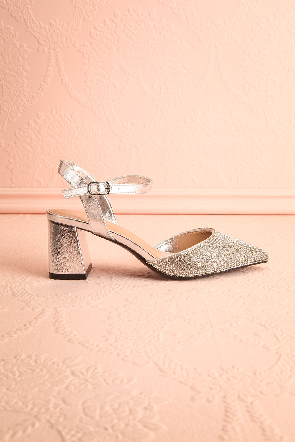 Starlight Silver Pointed Toe Heels w/ Crystals | Boutique 1861 side view