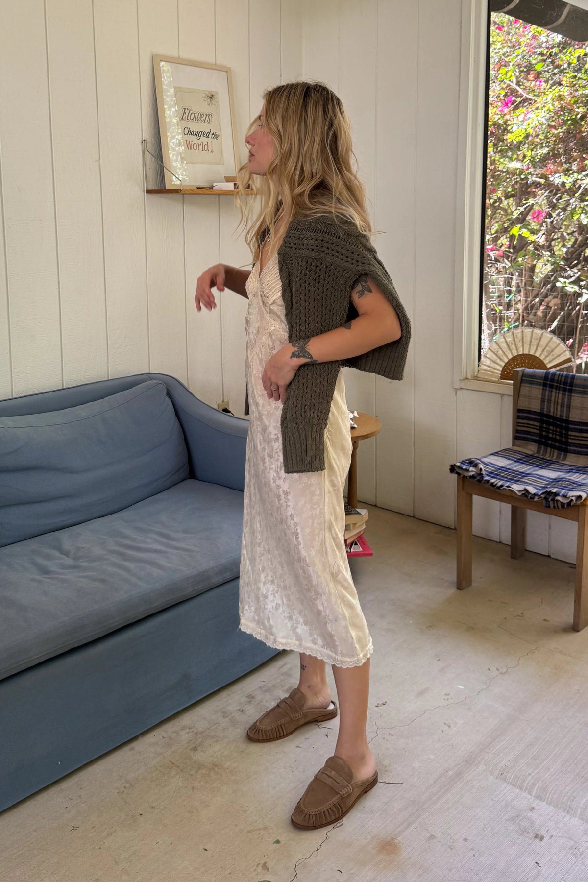 a woman wearing Betzy Brown Suede Slip-On Loafers from La petite garçonne