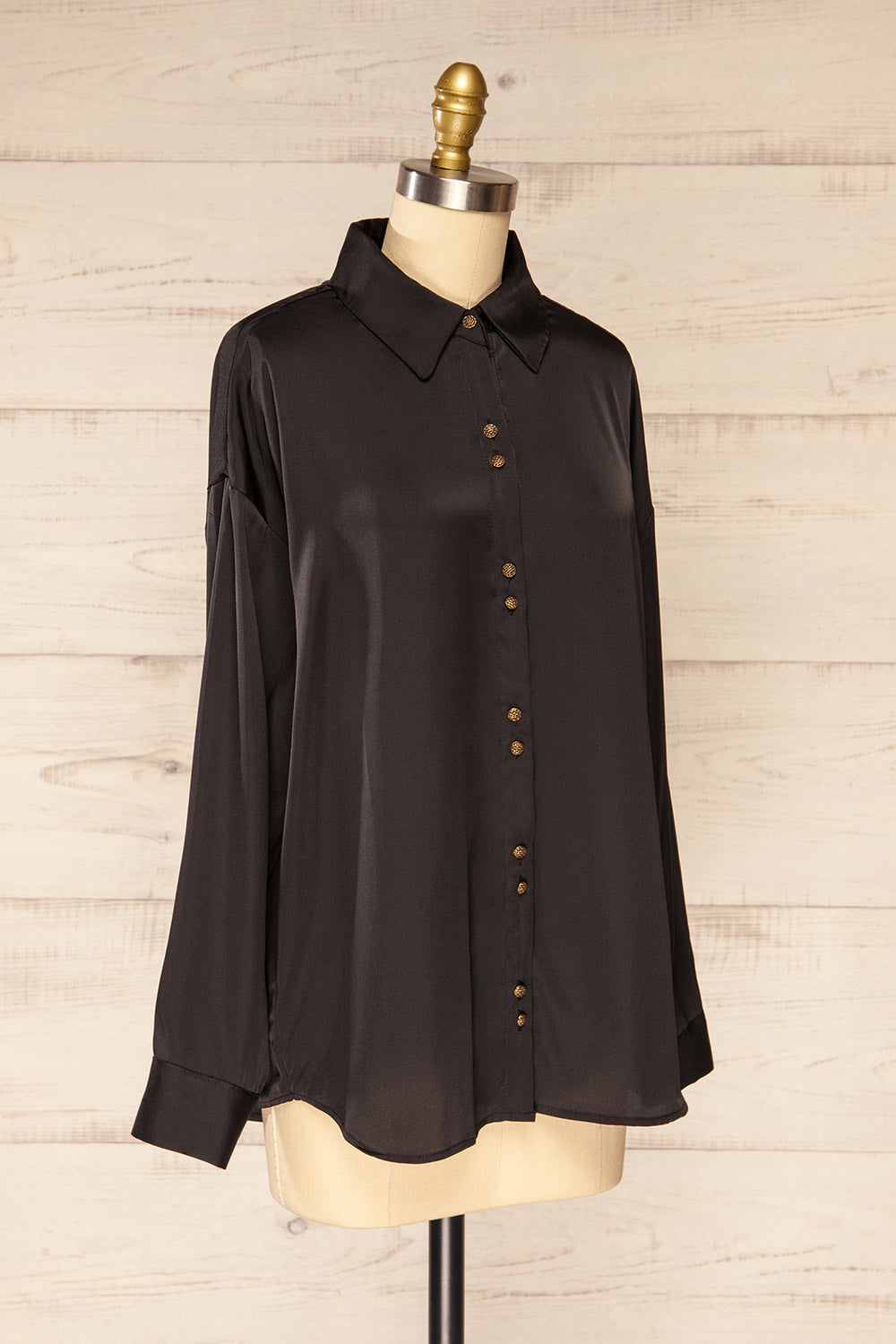 Stratford Black Satin Shirt w/ Double Buttons | La petite garçonne side view