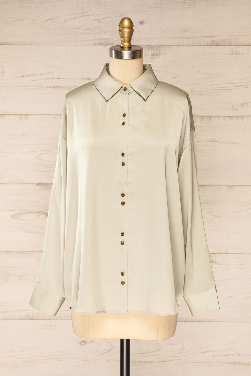 Stratford Sage Satin Shirt w/ Double Buttons | La petite garçonne front view