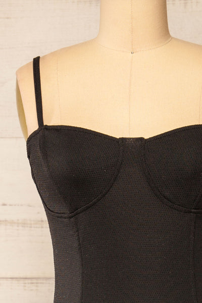 Suai Black Fitted Midi Dress w/ Back Slit | La petite garçonne front close-up