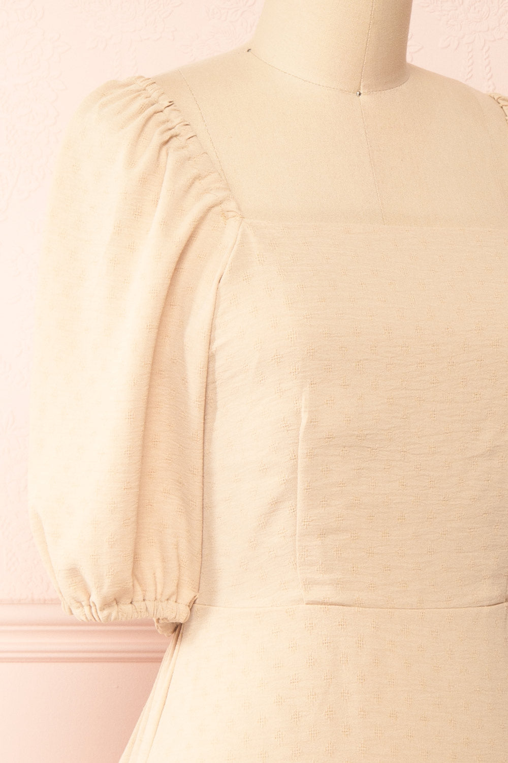 Suki Short Beige Dress w/ Open-Back | Boutique 1861 side close-up