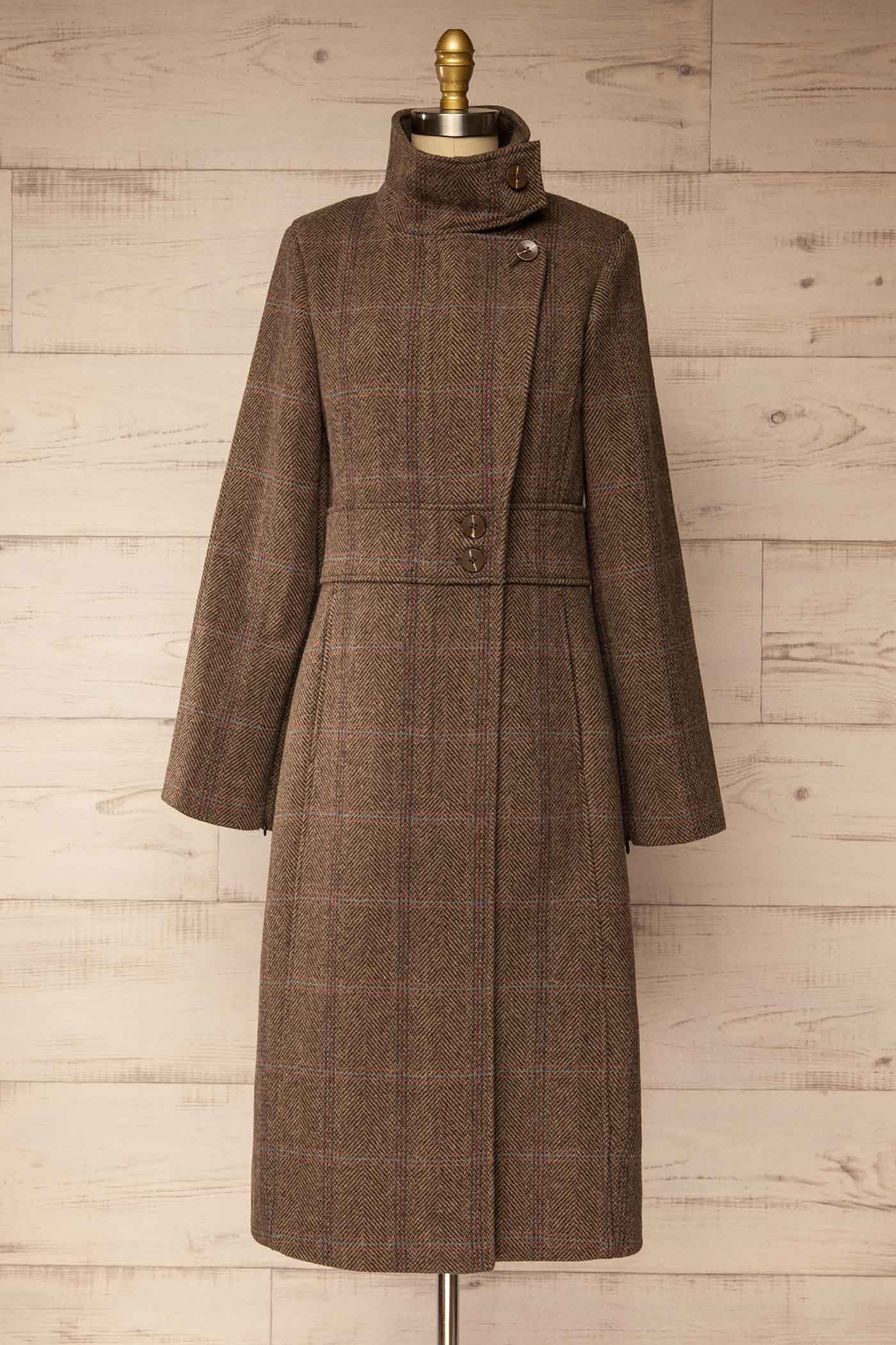 front view of Suzane Long Cross-Hatch Pattern Coat with Pockets at La petite garçonne