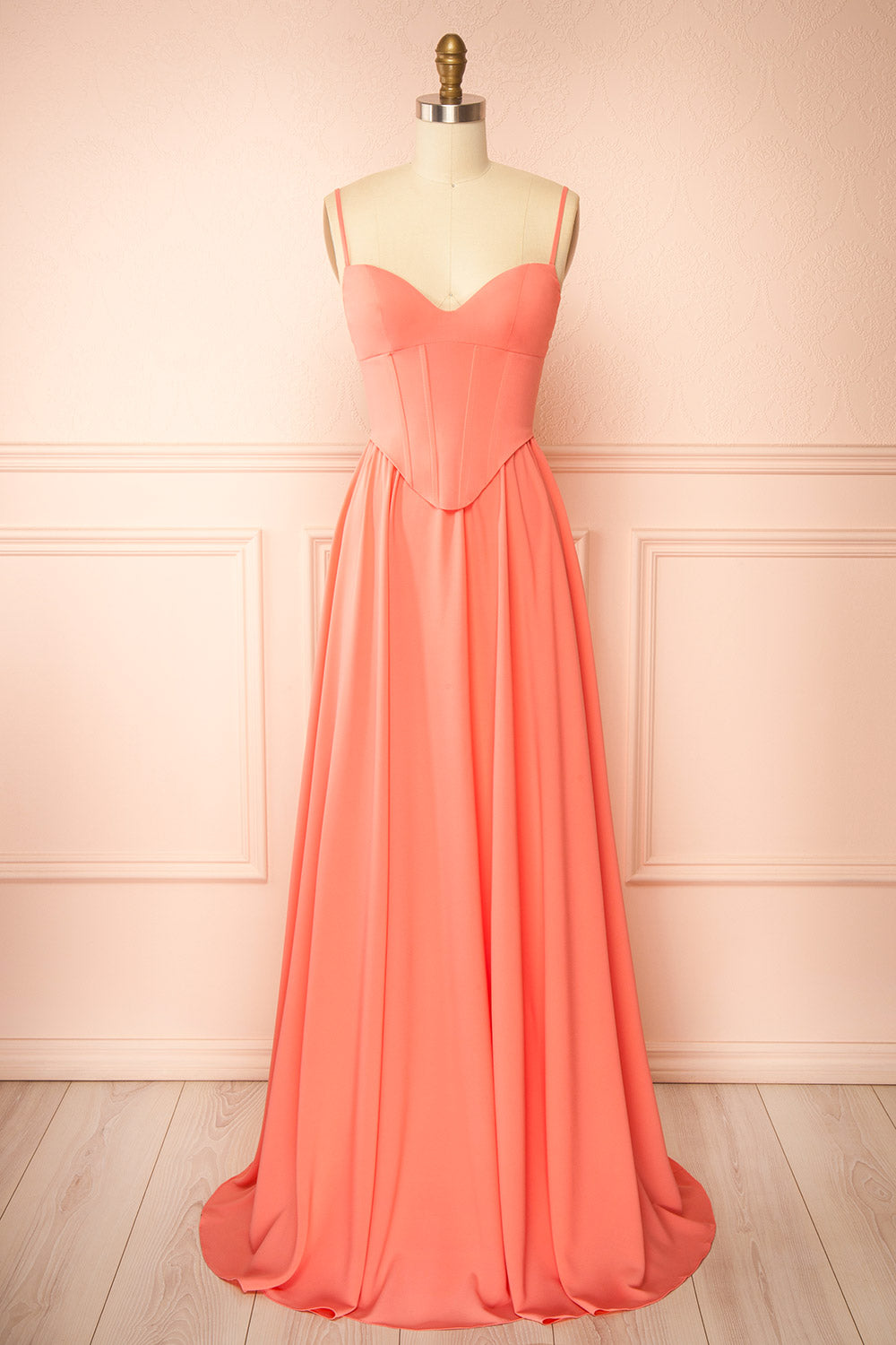 Syana Coral Long Chiffon Corset Dress with Scarf | Boutique 1861 front view