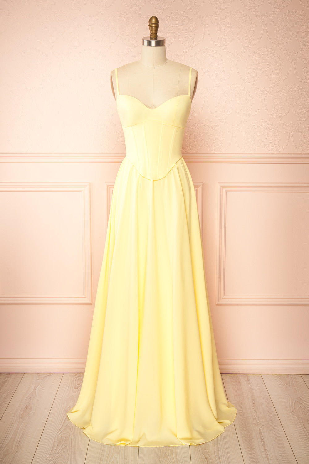 Syana Light Yellow Long Chiffon Corset Dress with Scarf | Boutique 1861 front view