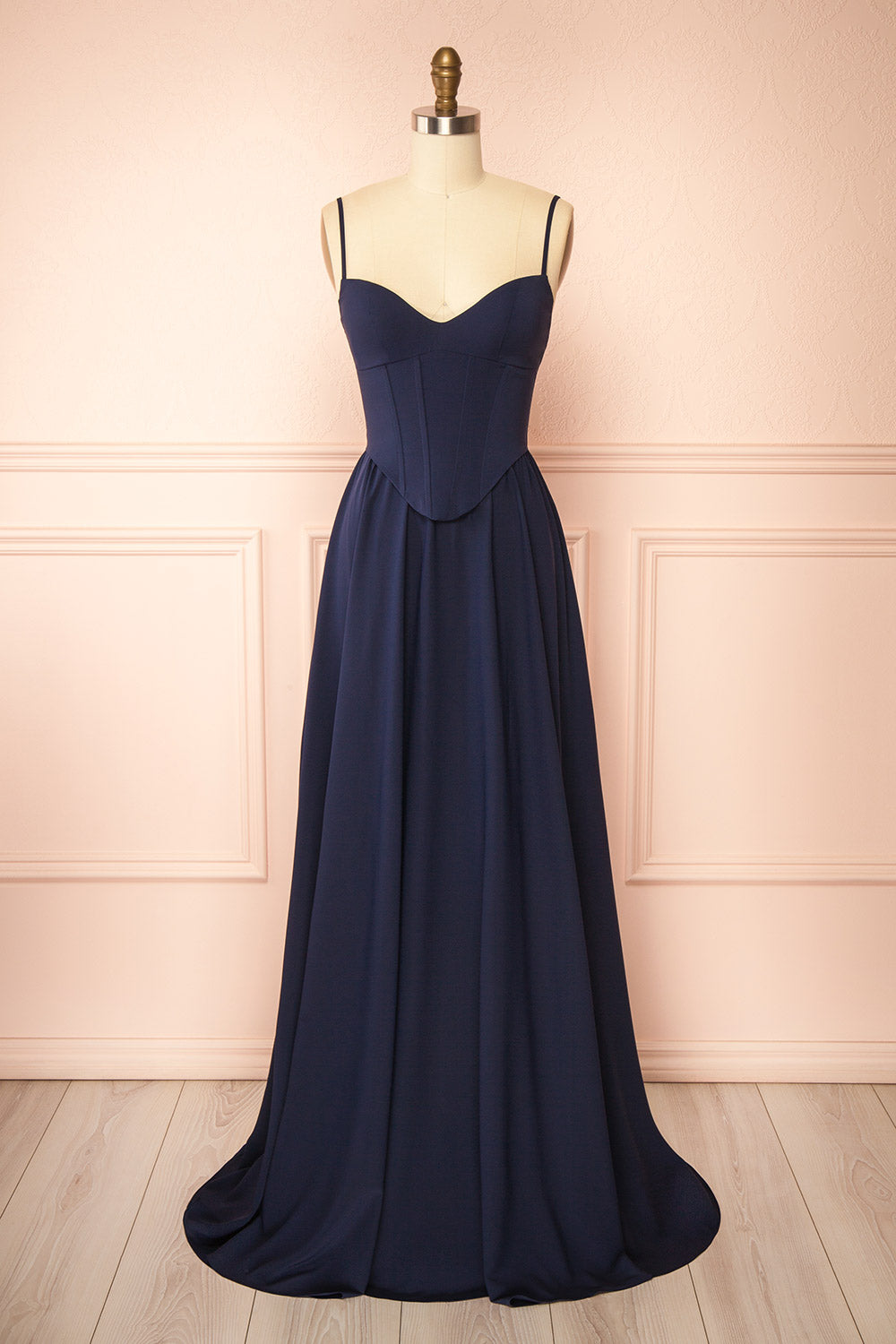 Syana Navy Long Chiffon Corset Dress with Scarf | Boutique 1861 front view