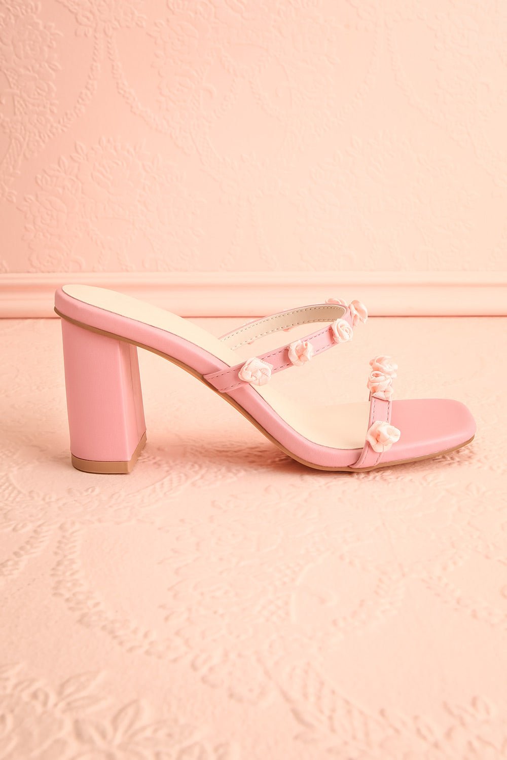 Synthicia Pink Heeled Sandals w/ Rose Flowers | Boutique 1861 side view