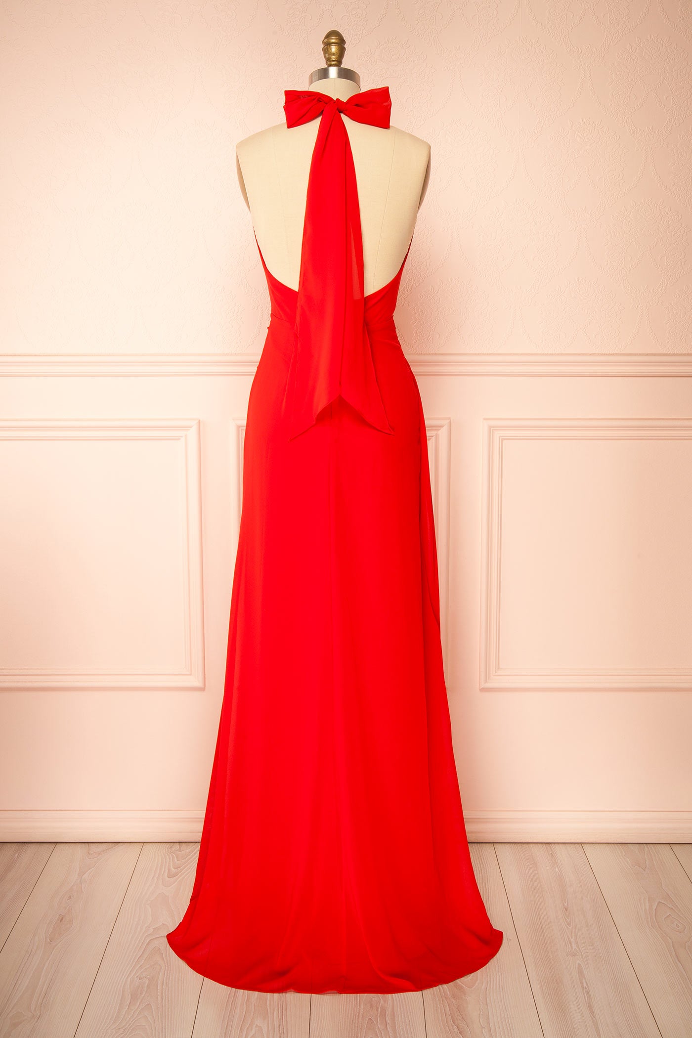 Tahina Red Chiffon Halter Neck Maxi Dress | Boutique 1861 back