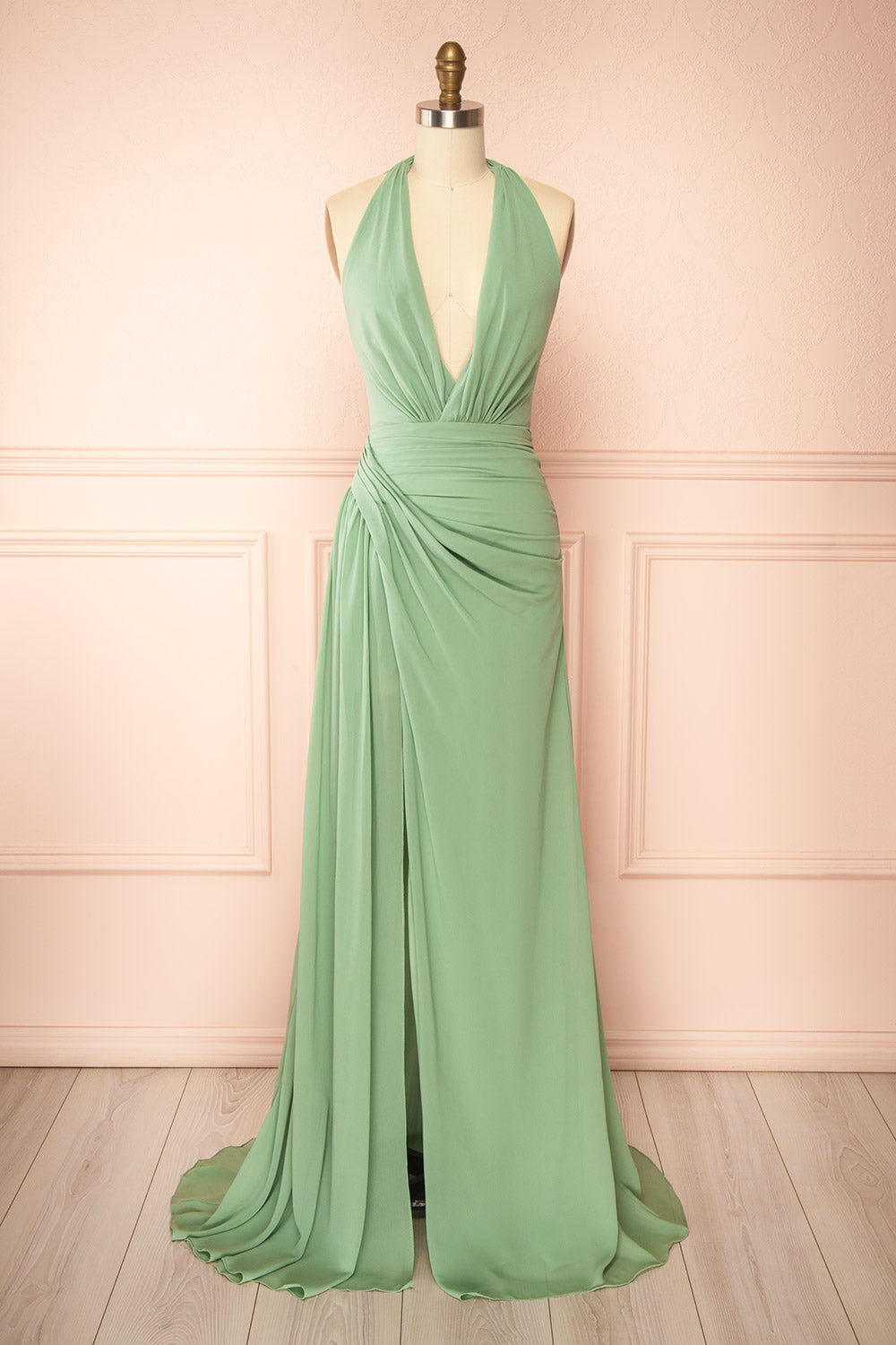 Tahina Sage Chiffon Halter Neck Maxi Dress