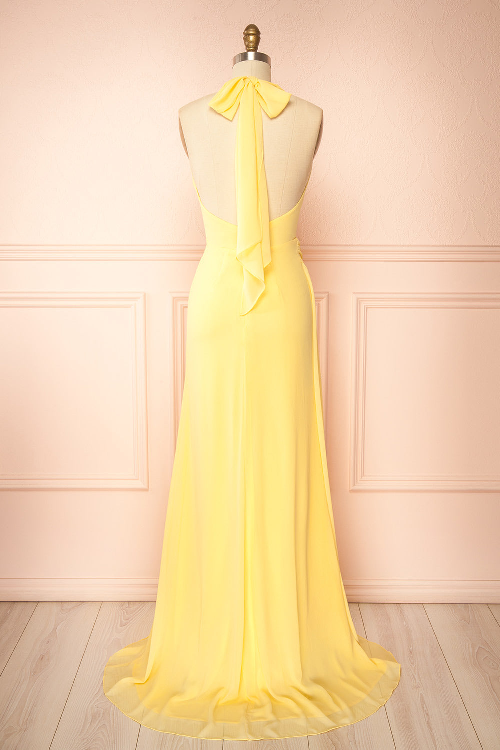Tahina Light Yellow Chiffon Halter Neck Maxi Dress | Boutique 1861 back view