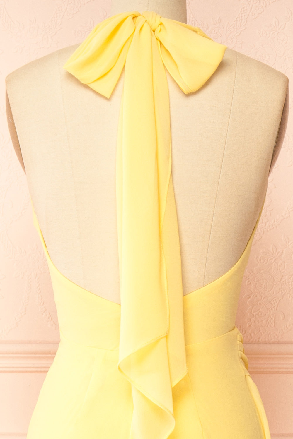 Tahina Light Yellow Chiffon Halter Neck Maxi Dress | Boutique 1861 back