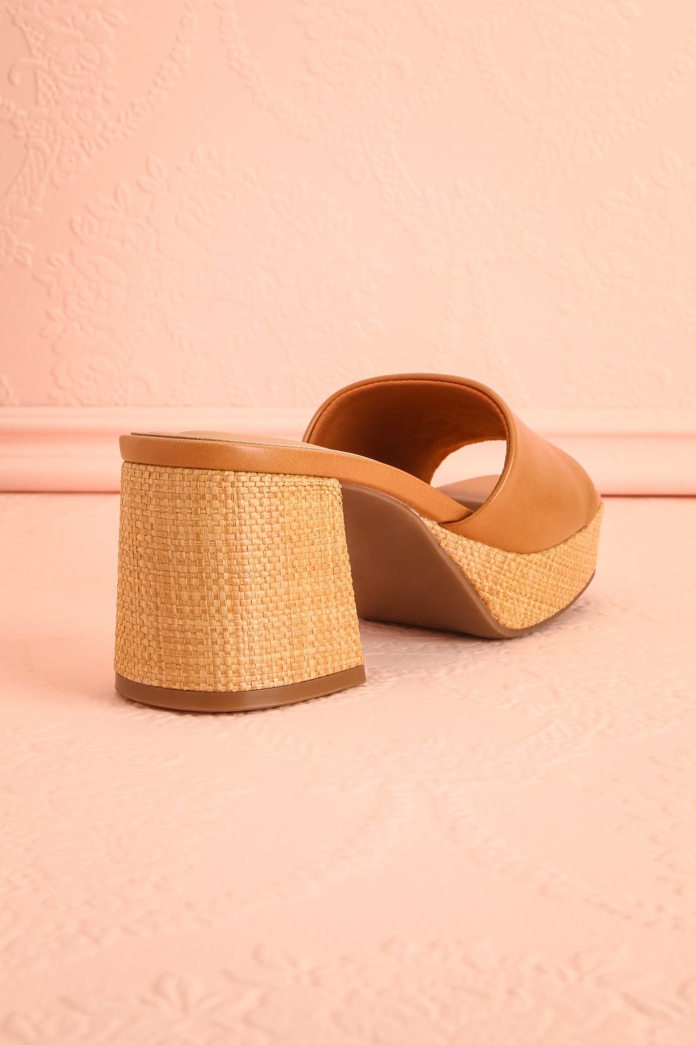Profile of Tahis Brown Wide Block Heeled Sandals with Raffia at boutique 1861