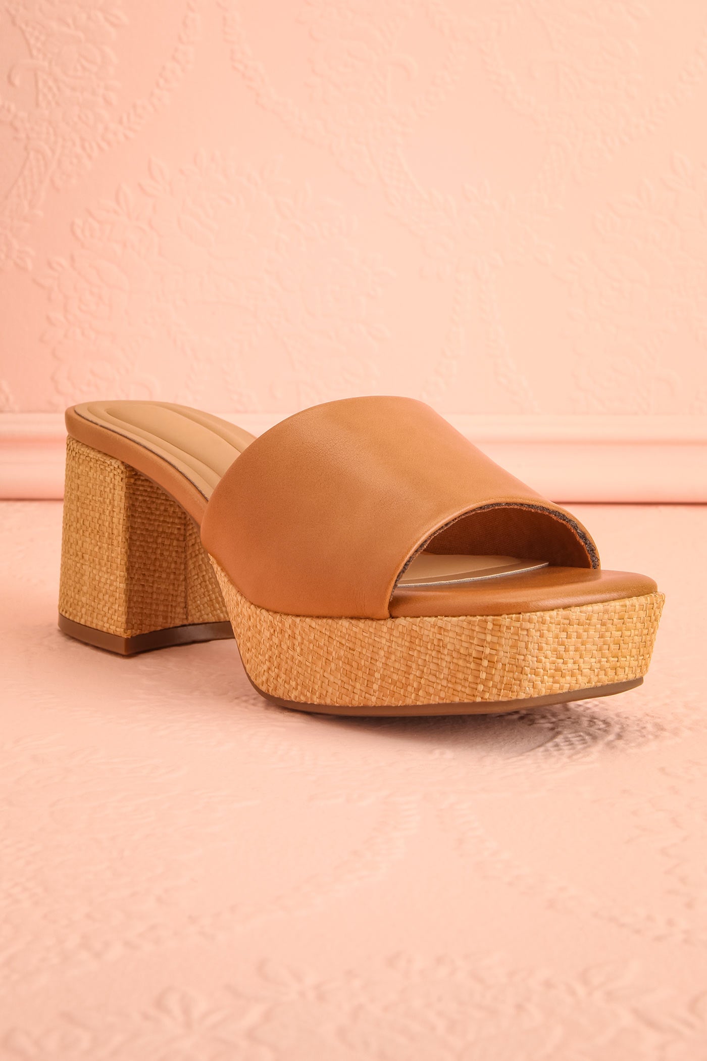 Frontview of Tahis Brown Wide Block Heeled Sandals with Raffia at boutique 1861