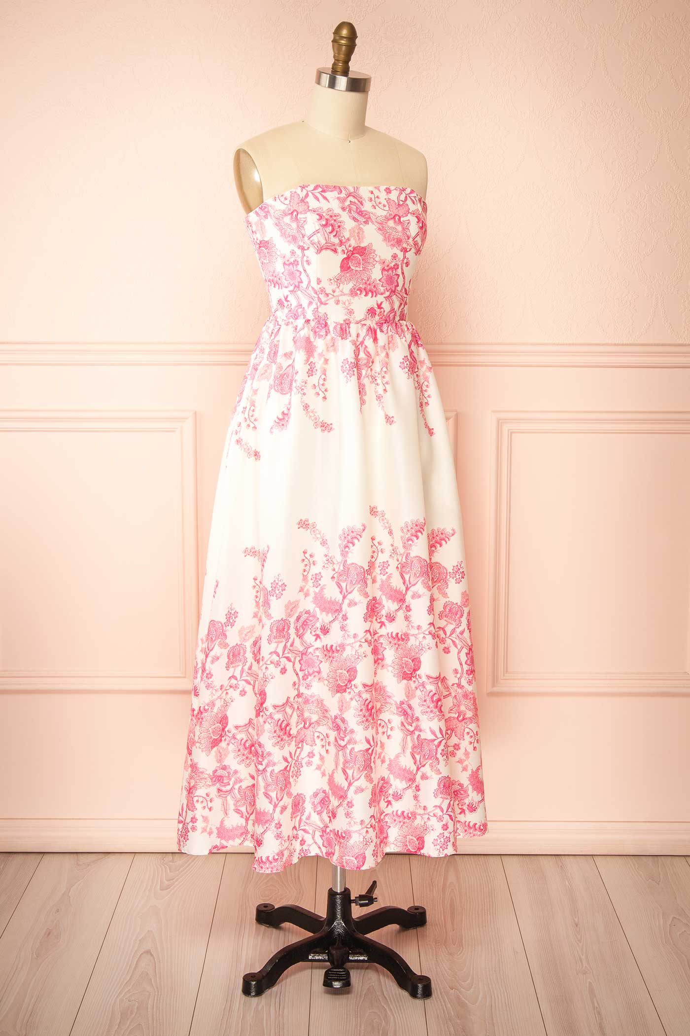 Taishi | Strapless Pink Toile Floral Midi Dress with Smocked Back