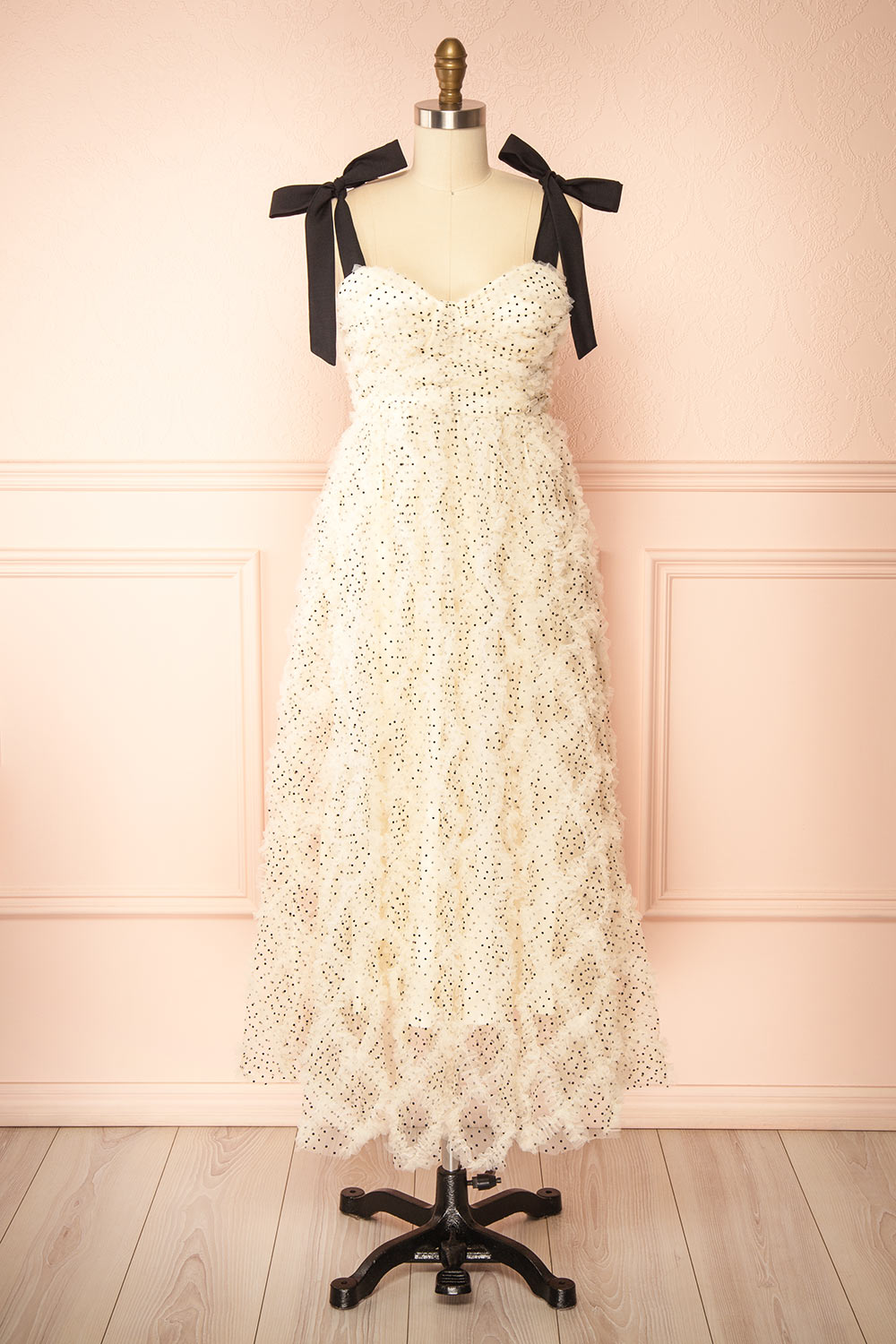 Takako Long White Tulle Dress with Black Polka Dots | Boutique 1861 front view