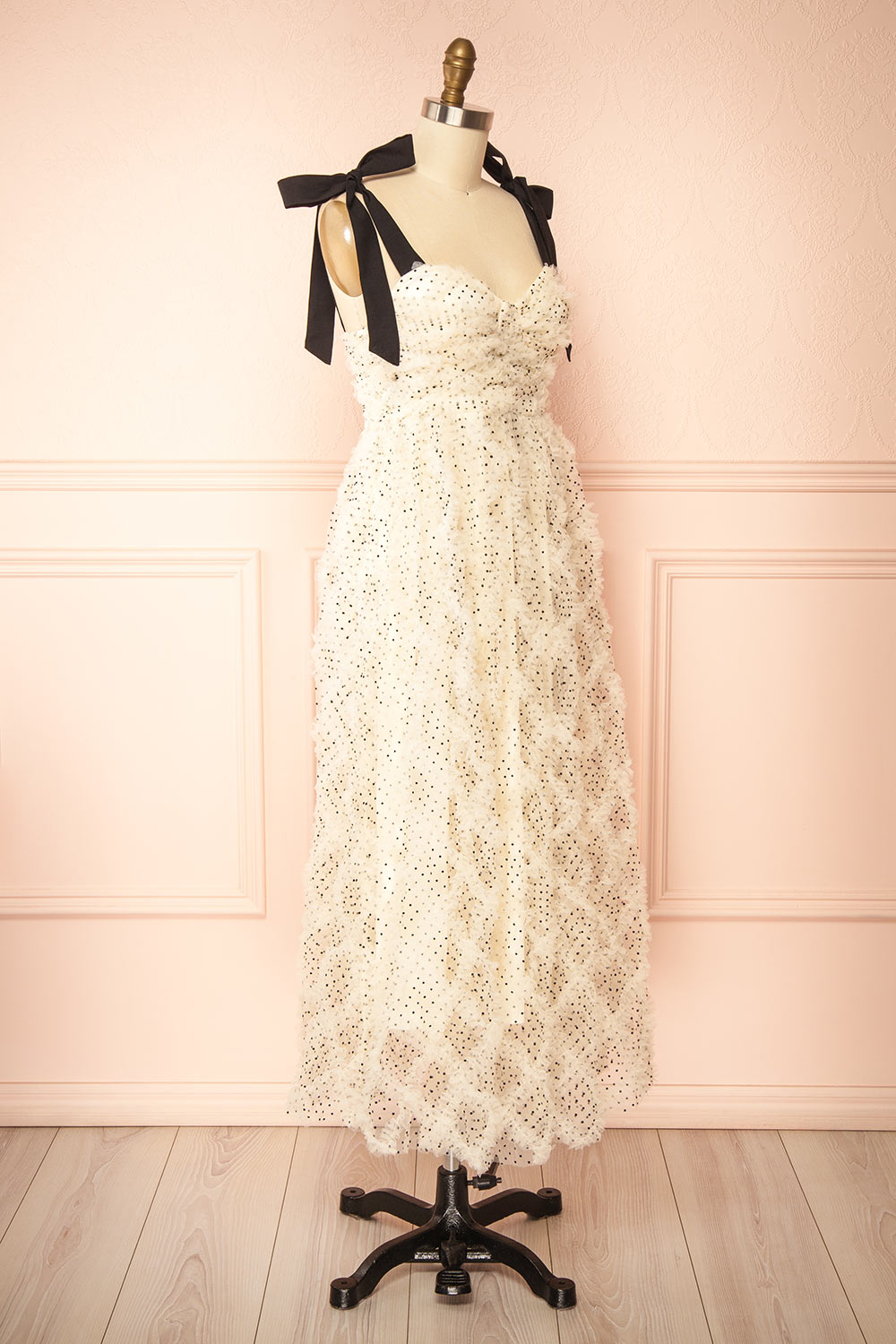 Takako Long White Tulle Dress with Black Polka Dots | Boutique 1861 side view