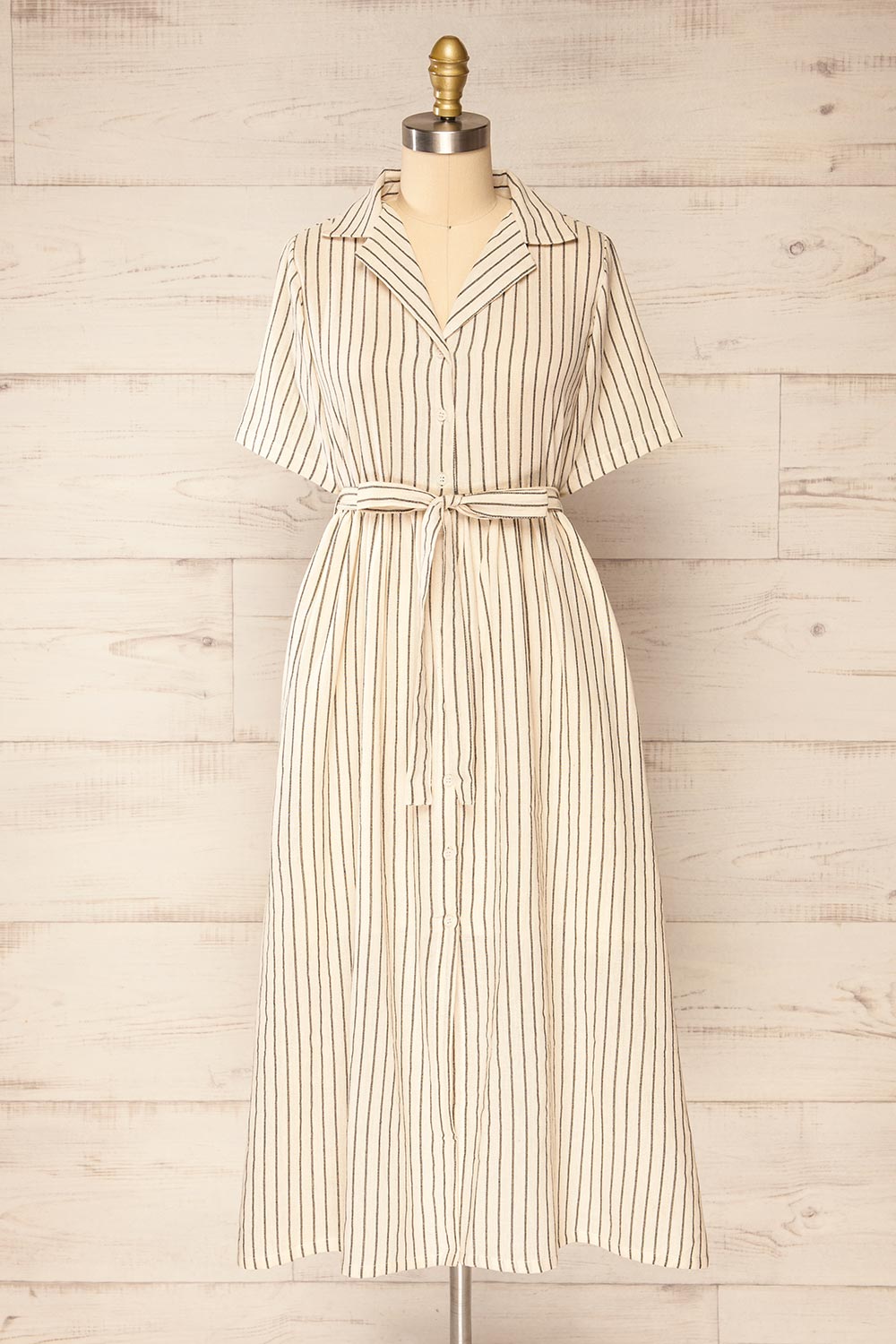 Talence Beige Striped Buttoned Midi Shirt Dress | La petite garçonne front view