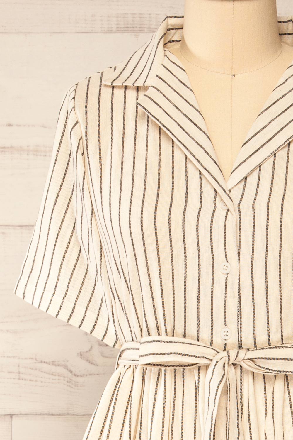 Talence Beige Striped Buttoned Midi Shirt Dress | La petite garçonne front close-up