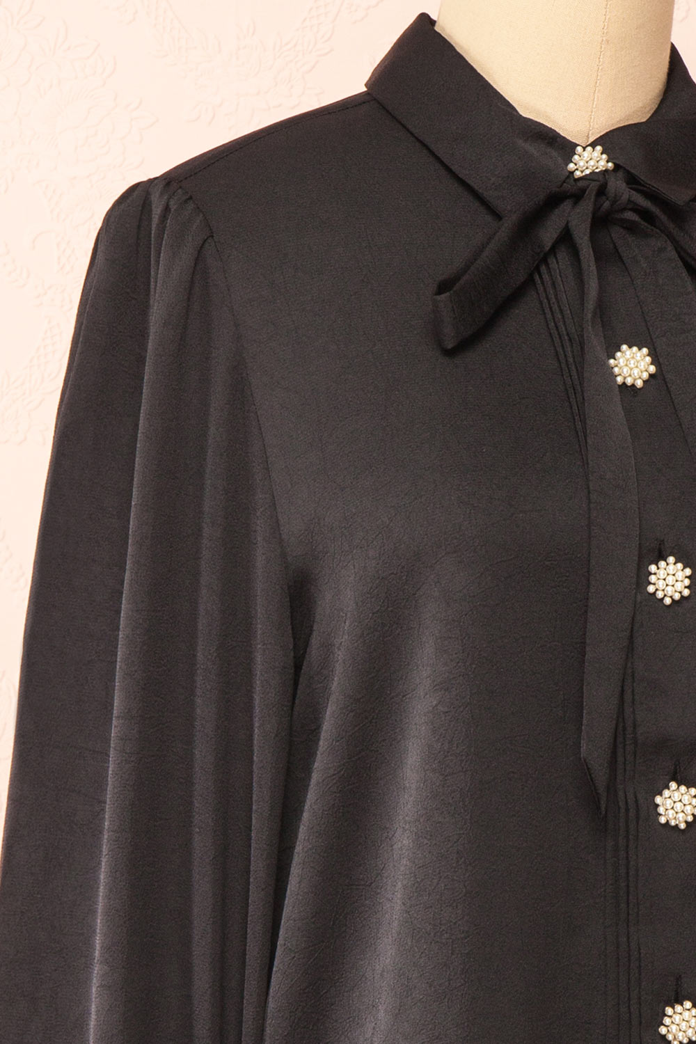 Talie Black Textured Chiffon Button-Up Blouse | Boutique 1861 side close-up