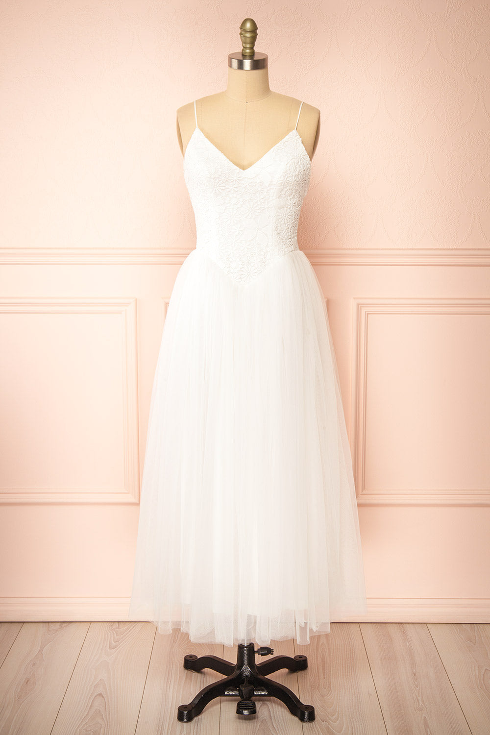 Tallina White Tulle Midi Dress w/ Floral Embroidery | Boudoir 1861 front view