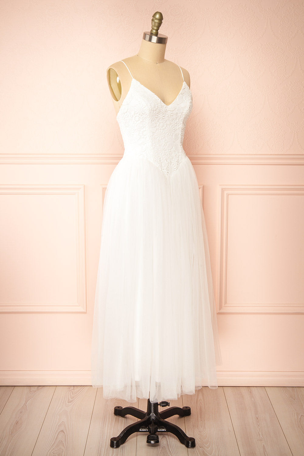 Tallina White Tulle Midi Dress w/ Floral Embroidery | Boudoir 1861 side view