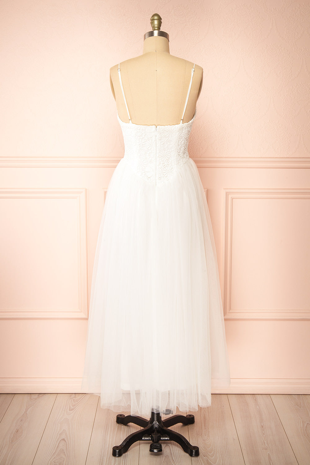 Tallina White Tulle Midi Dress w/ Floral Embroidery | Boudoir 1861 back view