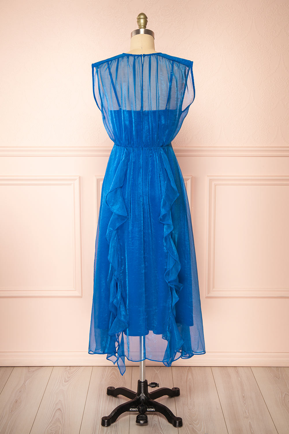 Talula Blue Midi Dress w/ Ruffles | Boutique 1861 back view