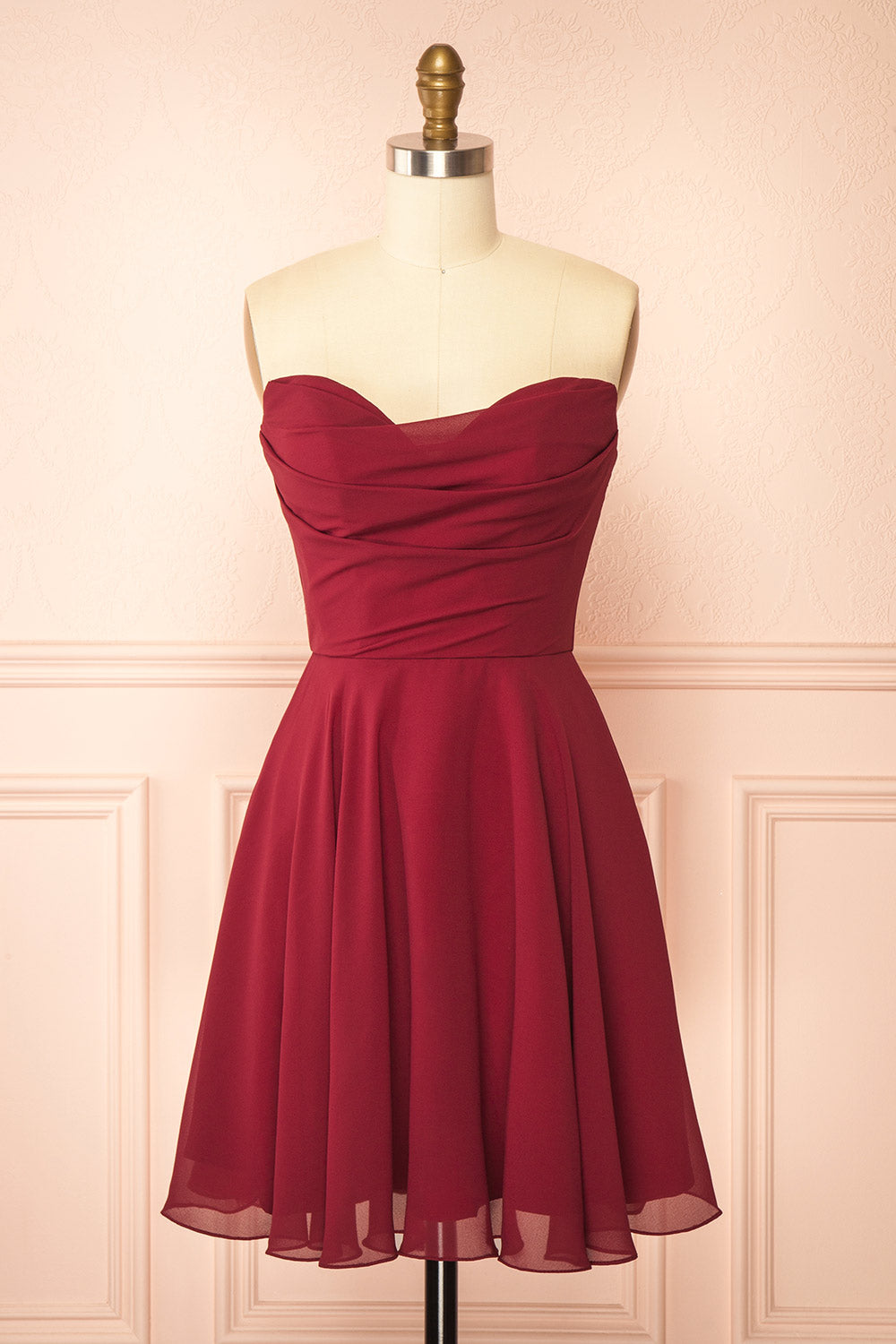 Tamy Burgundy Short Chiffon Dress with Sweetheart Neckline | Boutique 1861 front view