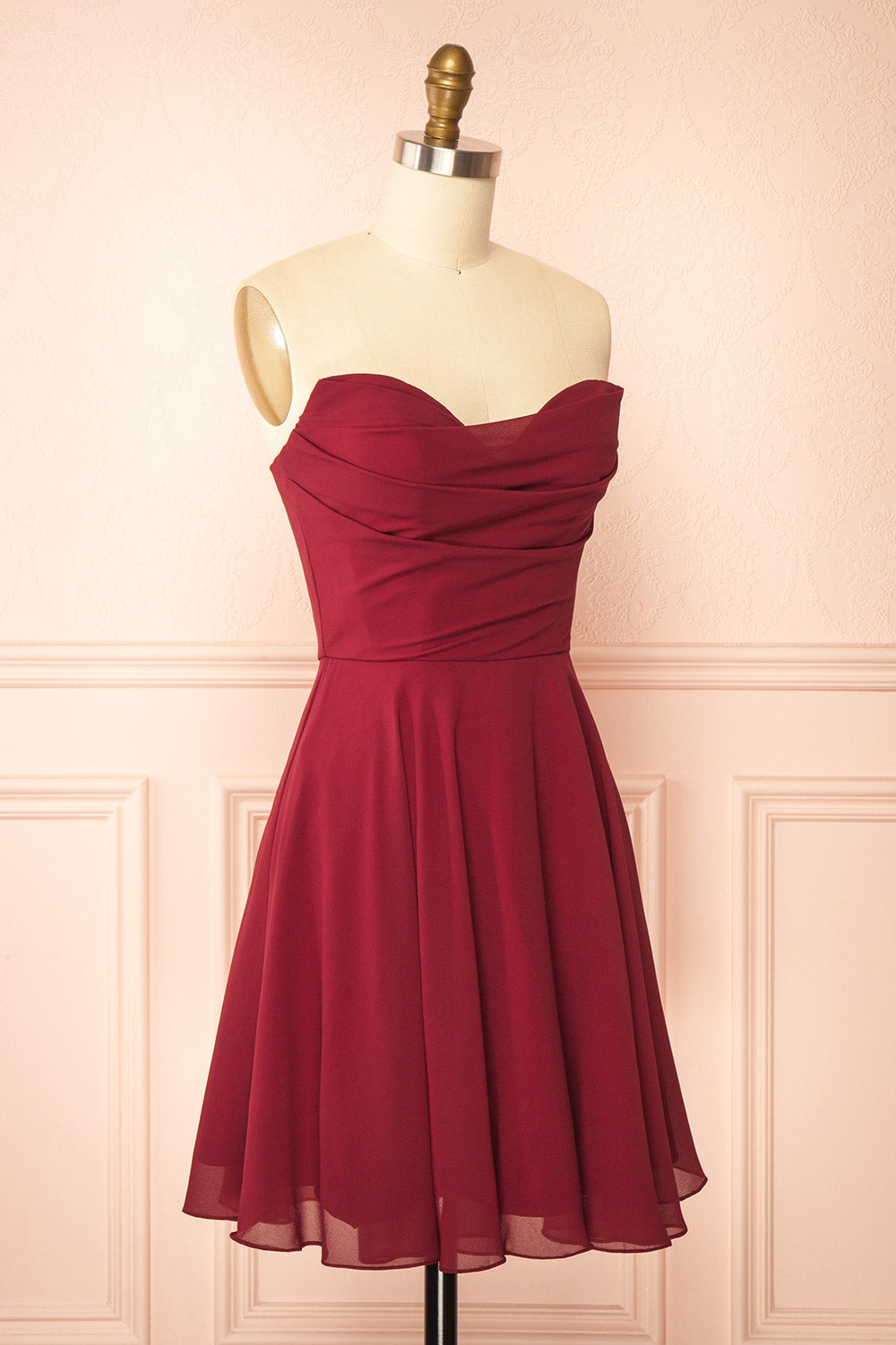 Tamy Burgundy Short Chiffon Dress with Sweetheart Neckline | Boutique 1861 side view