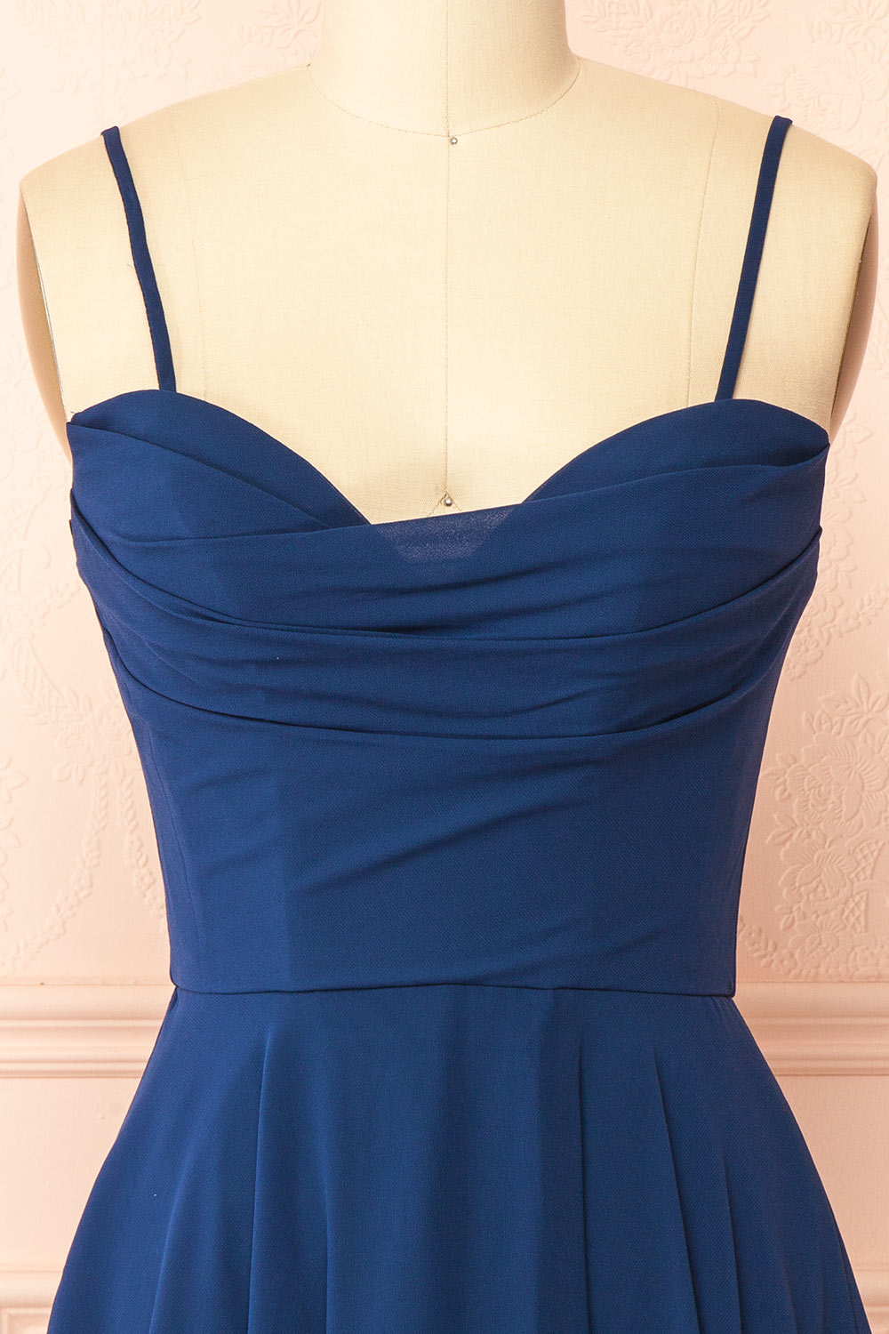 Tamy Navy Short Chiffon Dress with Sweetheart Neckline | Boutique 1861 front view with straps