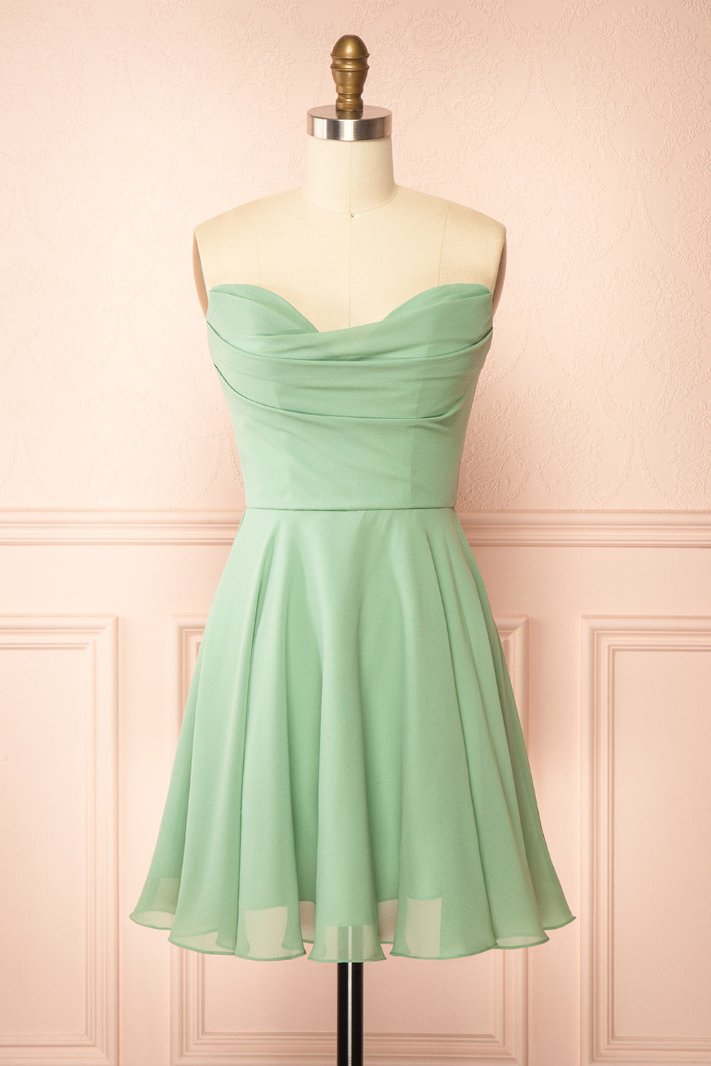 Tamy Sage Short Chiffon Dress with Sweetheart Neckline | Boutique 1861 front view