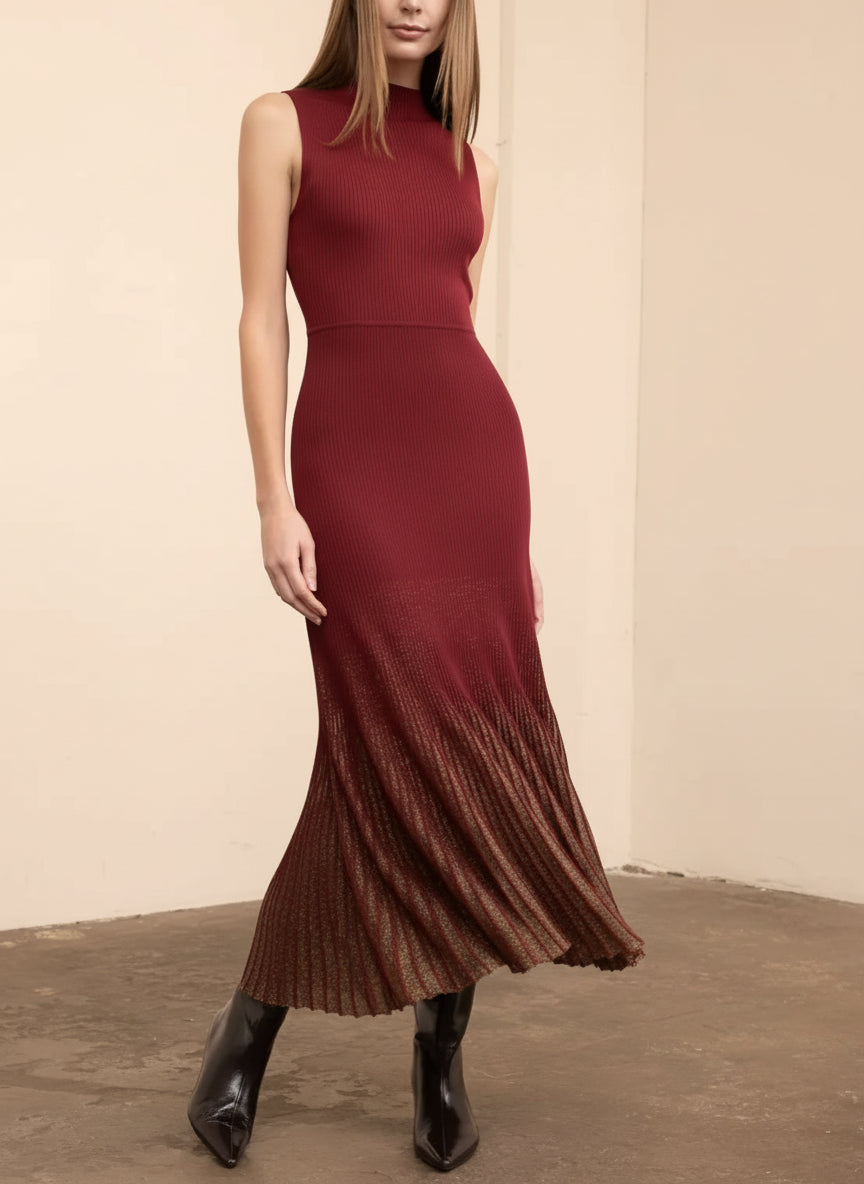 Front view of a Woman wearing the Takanori Burgundy Sleeveless Ribbed Knit Dress from boutique 1861