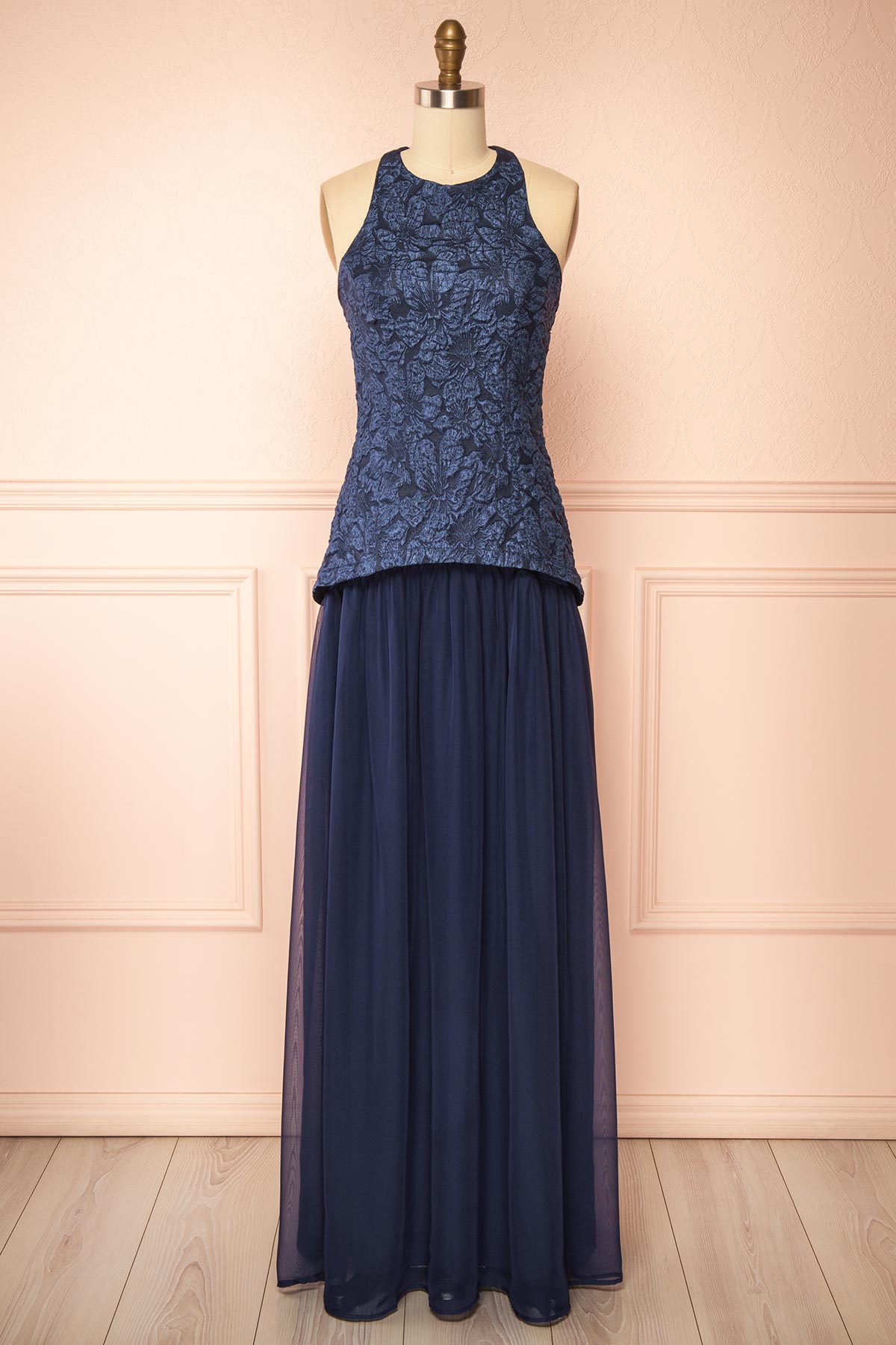 front view of Tantina Navy Jacquard Halterneck Maxi Dress at Boutique 1861
