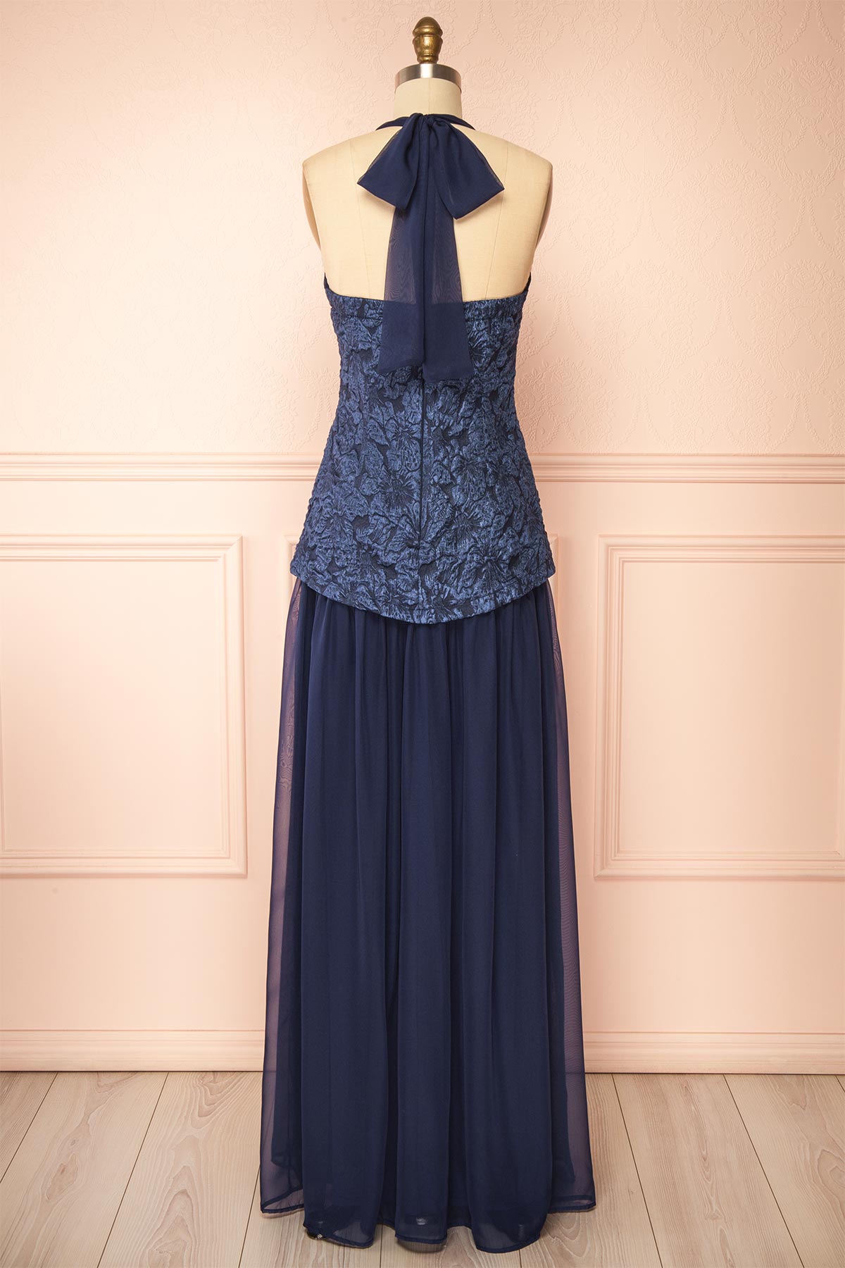 back view of Tantina Navy Jacquard Halterneck Maxi Dress at Boutique 1861