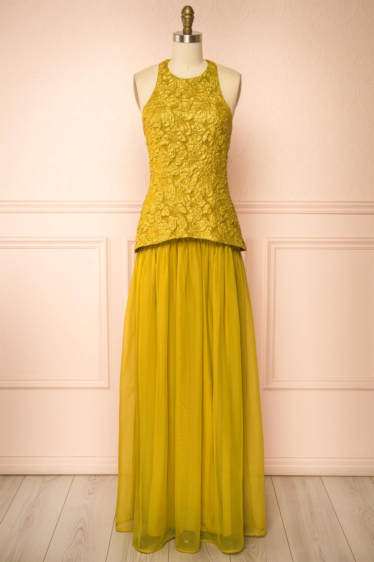 front view of Tantina Yellow Jacquard Halterneck Maxi Dress at Boutique 1861