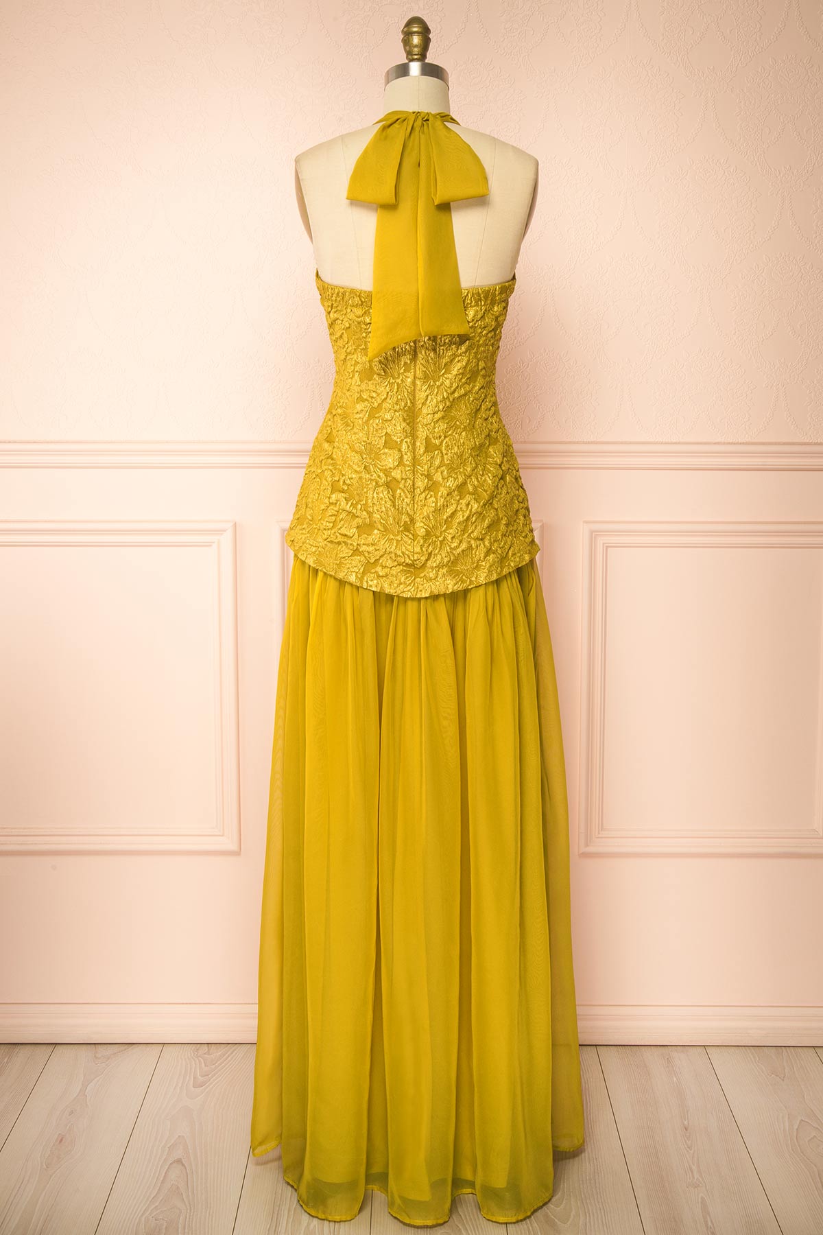 Back view of Tantina Yellow Jacquard Halterneck Maxi Dress at Boutique 1861