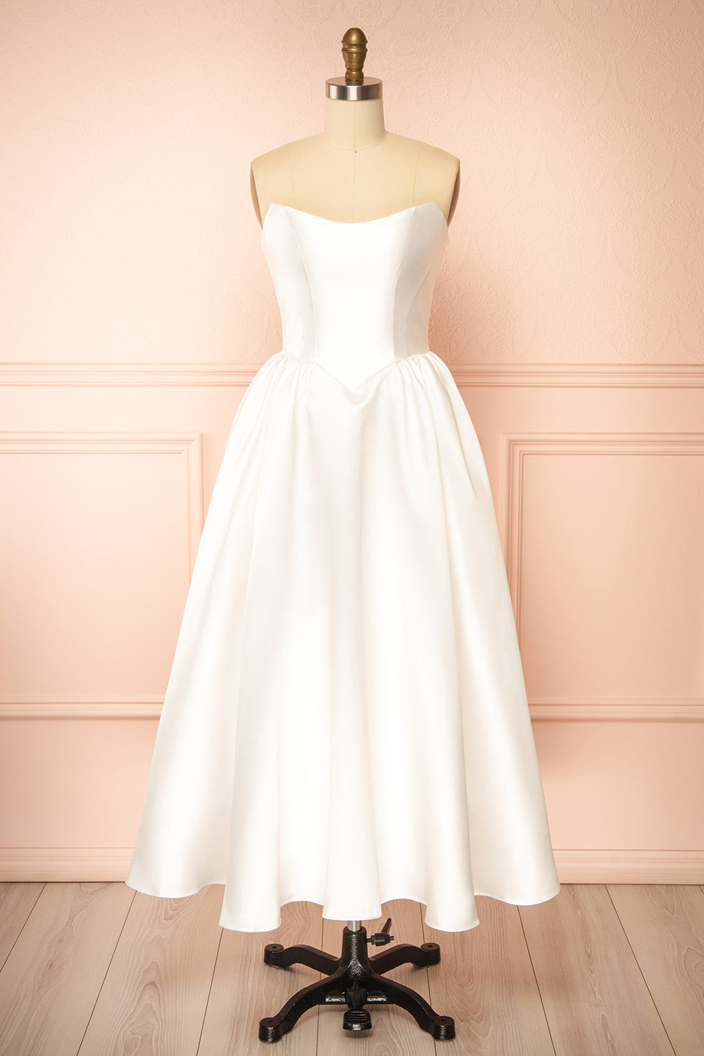 Thalania Long White Satin Dress with Fitted Bodice and Pockets | Boudoir 1861 front view