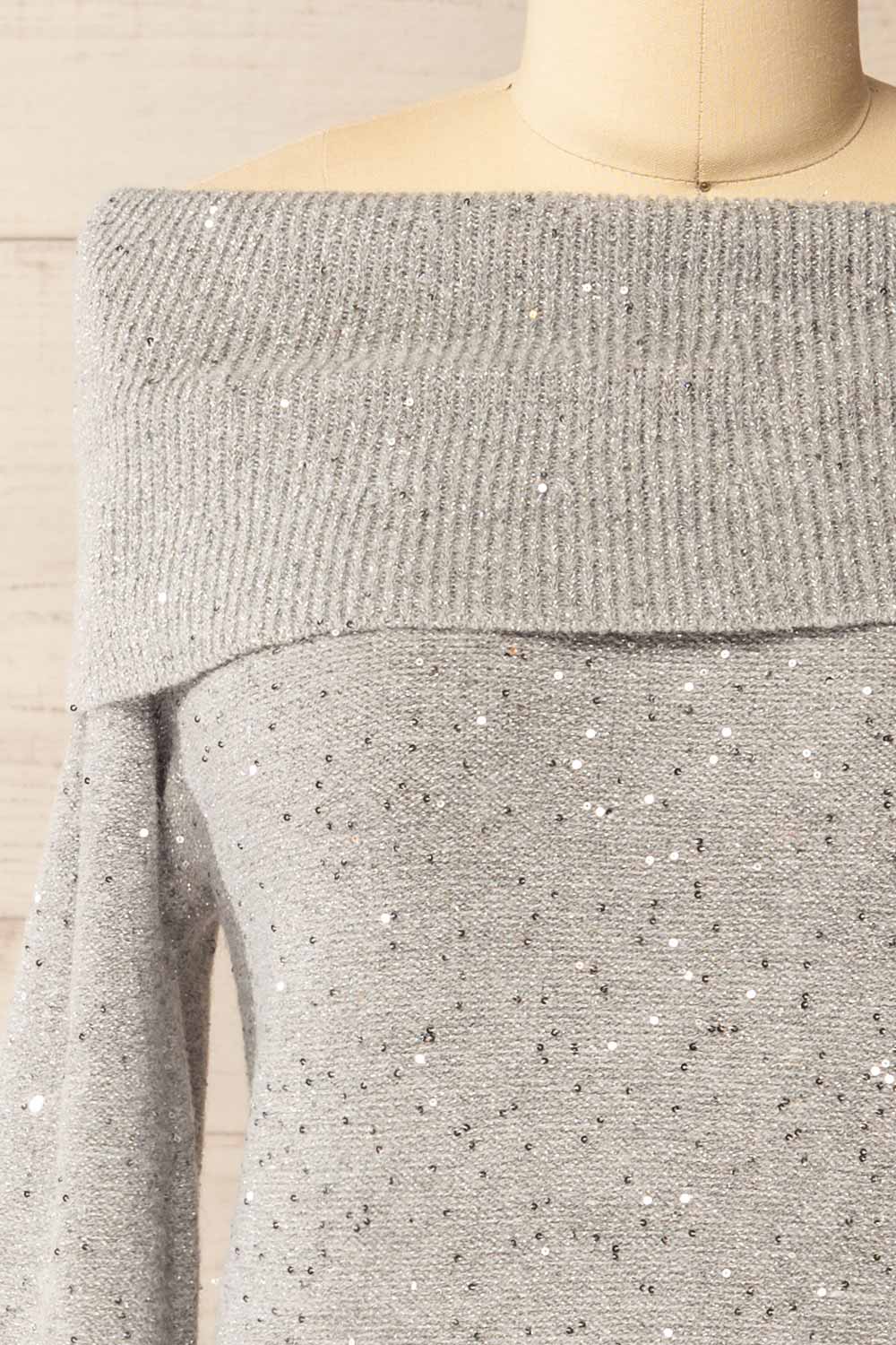 Thaloura Grey Off-Shoulder Sweater with Sequins | La petite garçonne front
