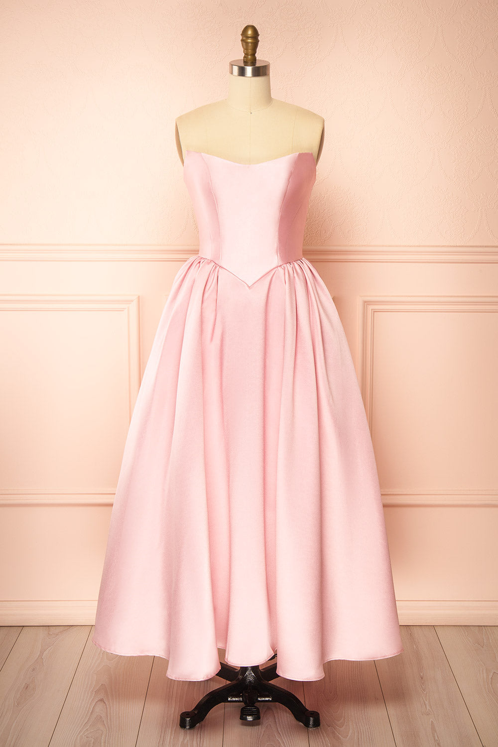 Thalya Blush Long Satin Dress with Fitted Bodice and Pockets | Boutique 1861 front view