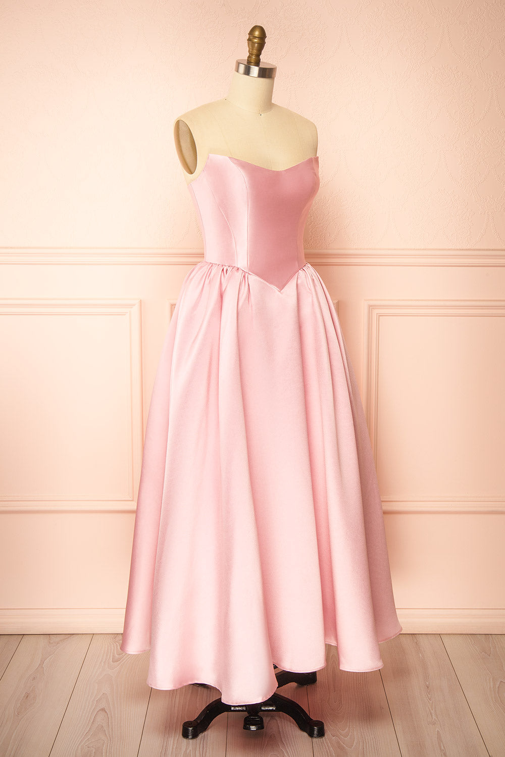 Thalya Blush Long Satin Dress with Fitted Bodice and Pockets | Boutique 1861 side view